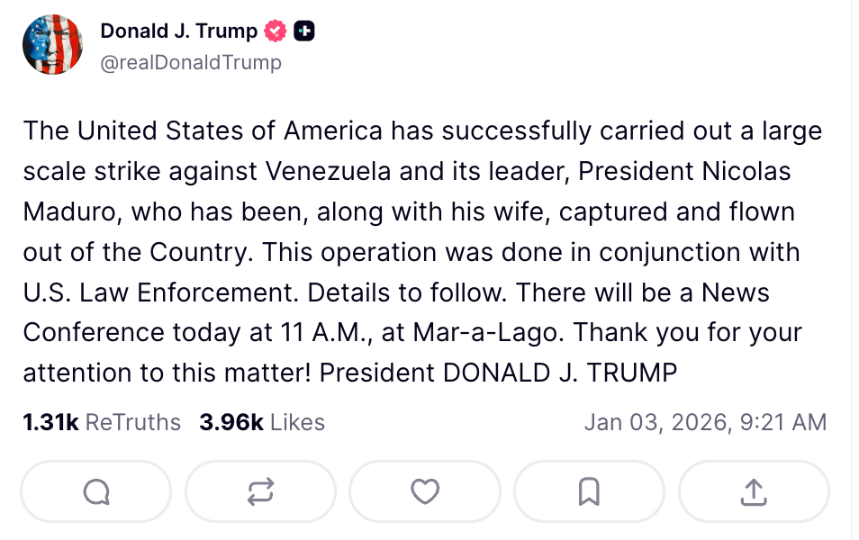 Donald Trump’s post on X claiming responsibility for launching a ‘large-scale’ strike on Venezuela