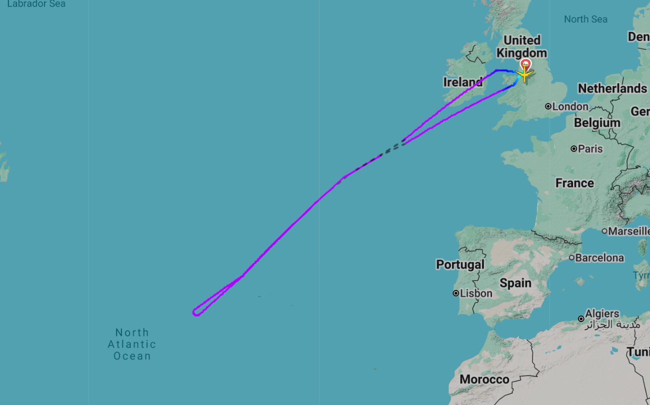 Going nowhere: Flightpath of Tui Boeing 787 to Barbados, which returned to Manchester
