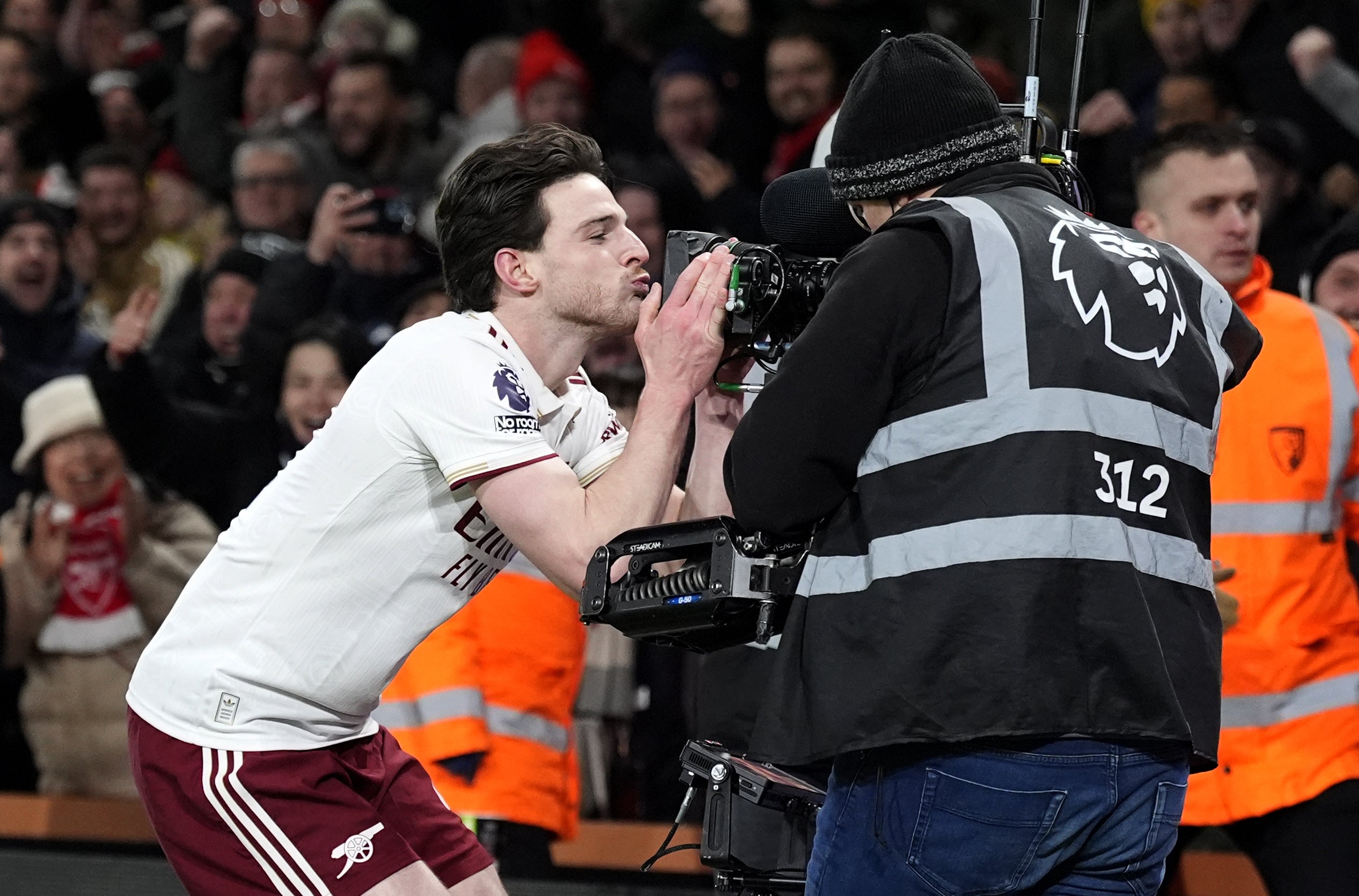 Declan Rice kisses the camera after scoring his second goal (Andrew Matthews/PA)