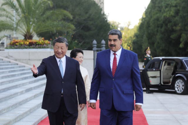 <p>China’s president Xi Jinping and Venezuela’s President Nicolas Maduro arriving at the Great Hall of the People, in Beijing, China 2023</p>