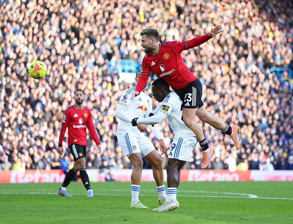 Luke Shaw collides with Wilfried Gnonto in what was a fairly eventless draw at Elland Road