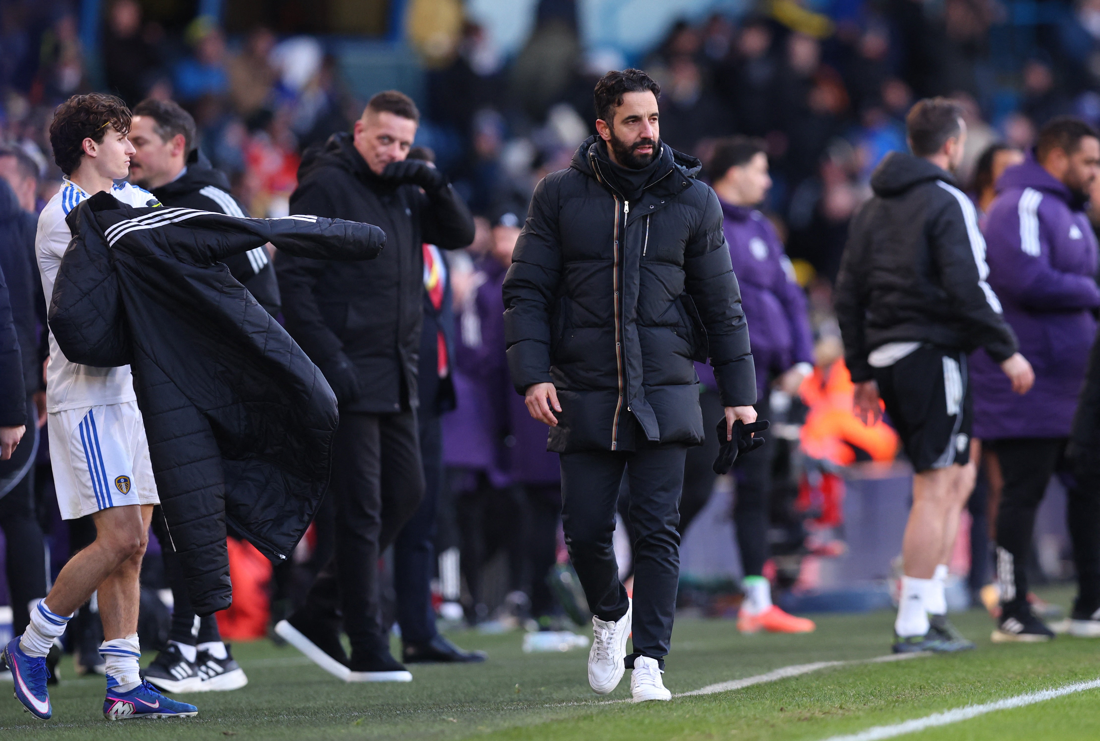 Manchester United manager Ruben Amorim reacts after drawing at Leeds United