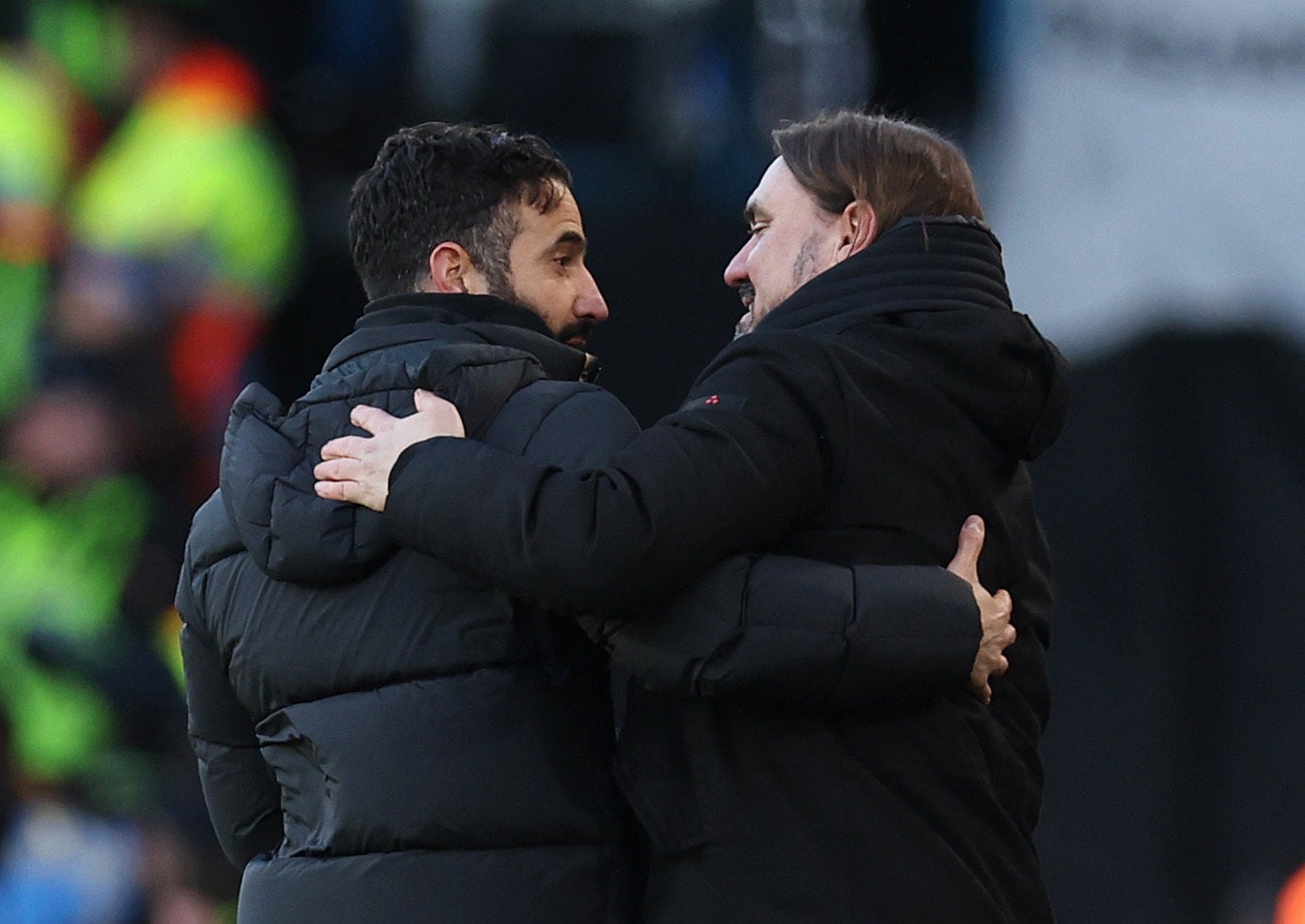 Manchester United manager Ruben Amorim with Leeds United manager Daniel Farke after the match