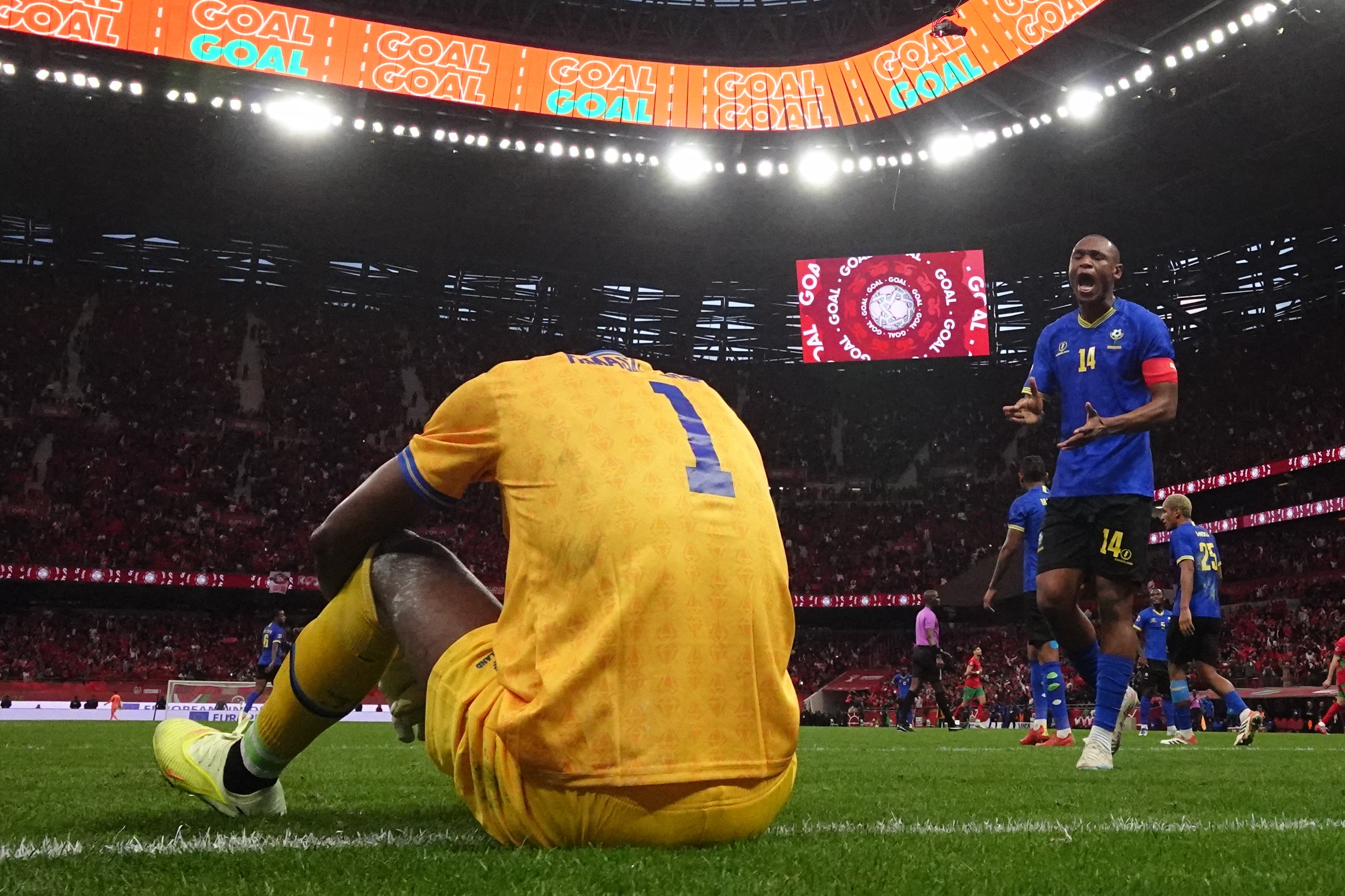 Tanzania's goalkeeper Hussein Masalanga reacts