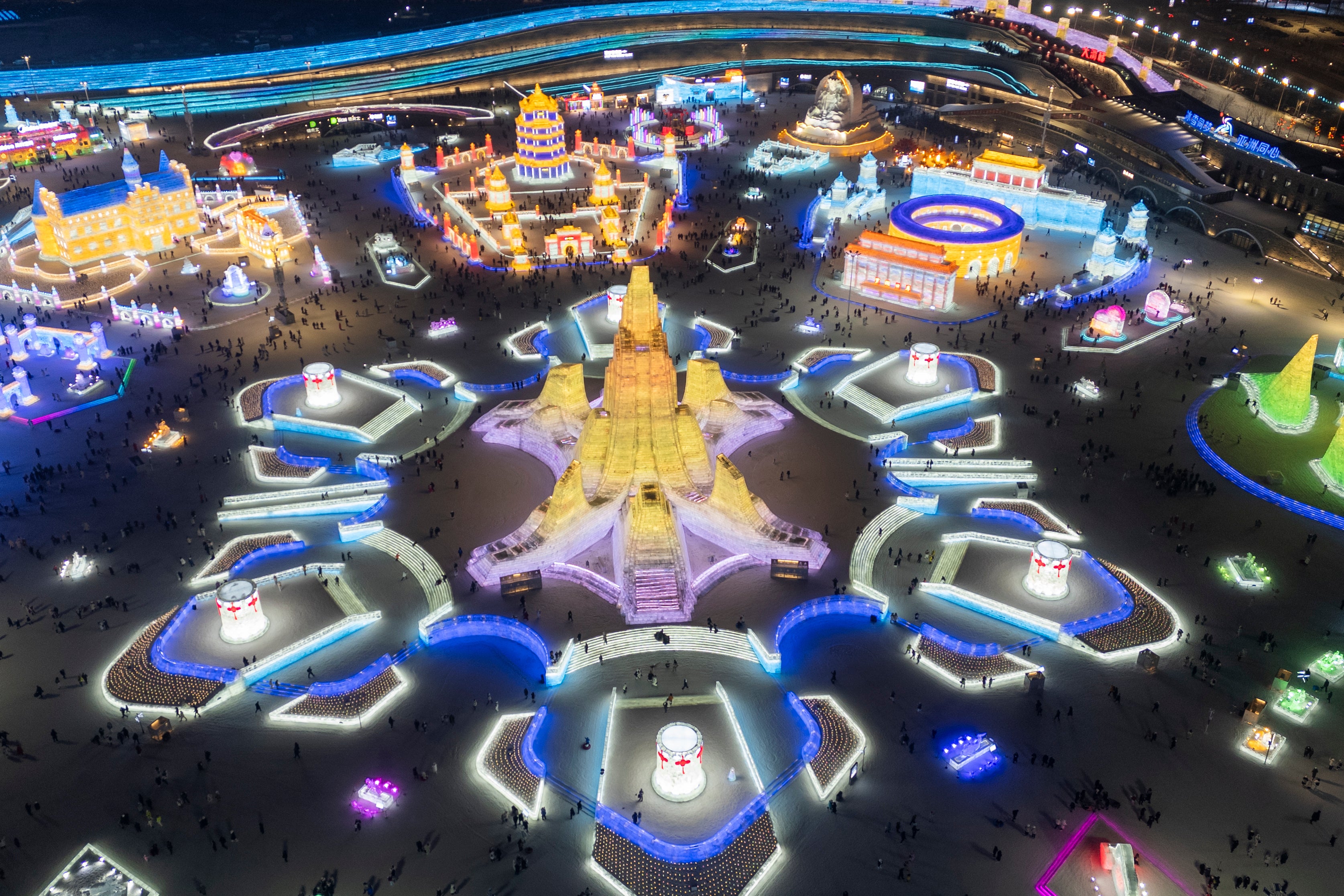 Many of the sculptures are lit up with coloured lights