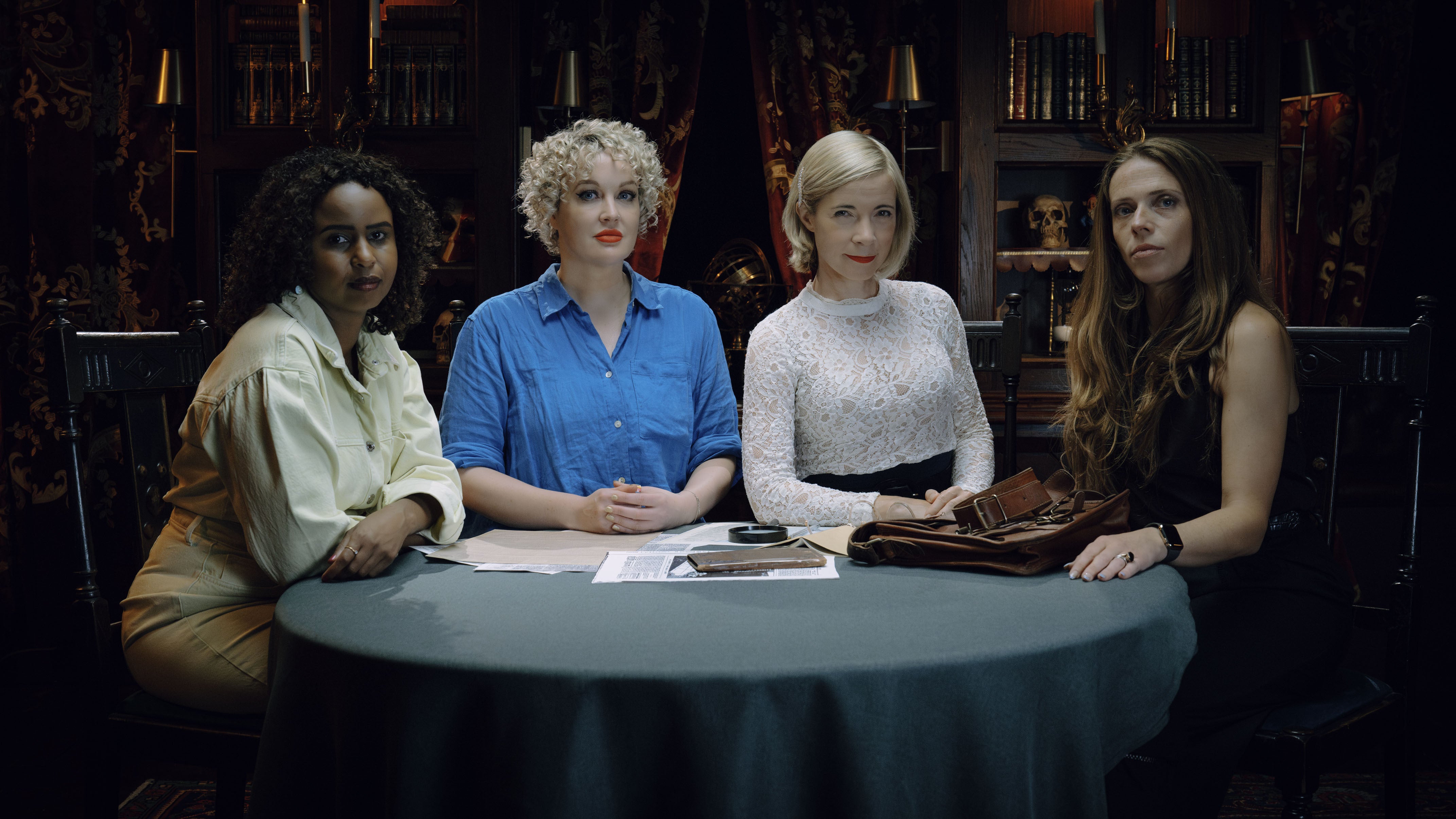 The Victorian Murder Club. L-R: novelist Nadifa Mohamed, with historians Dr Kate Lister, presenter Lucy Worsley, and Dr Rose Wallis