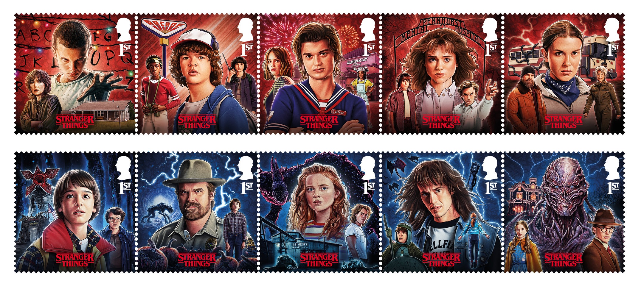 The 10 stamps in the main set show key characters from across the series. Five stamps represent the characters in the Rightside Up - the 'real' world - with a red background, and five represent the alternate dimension with a blue background, known as the 'Upside Down’