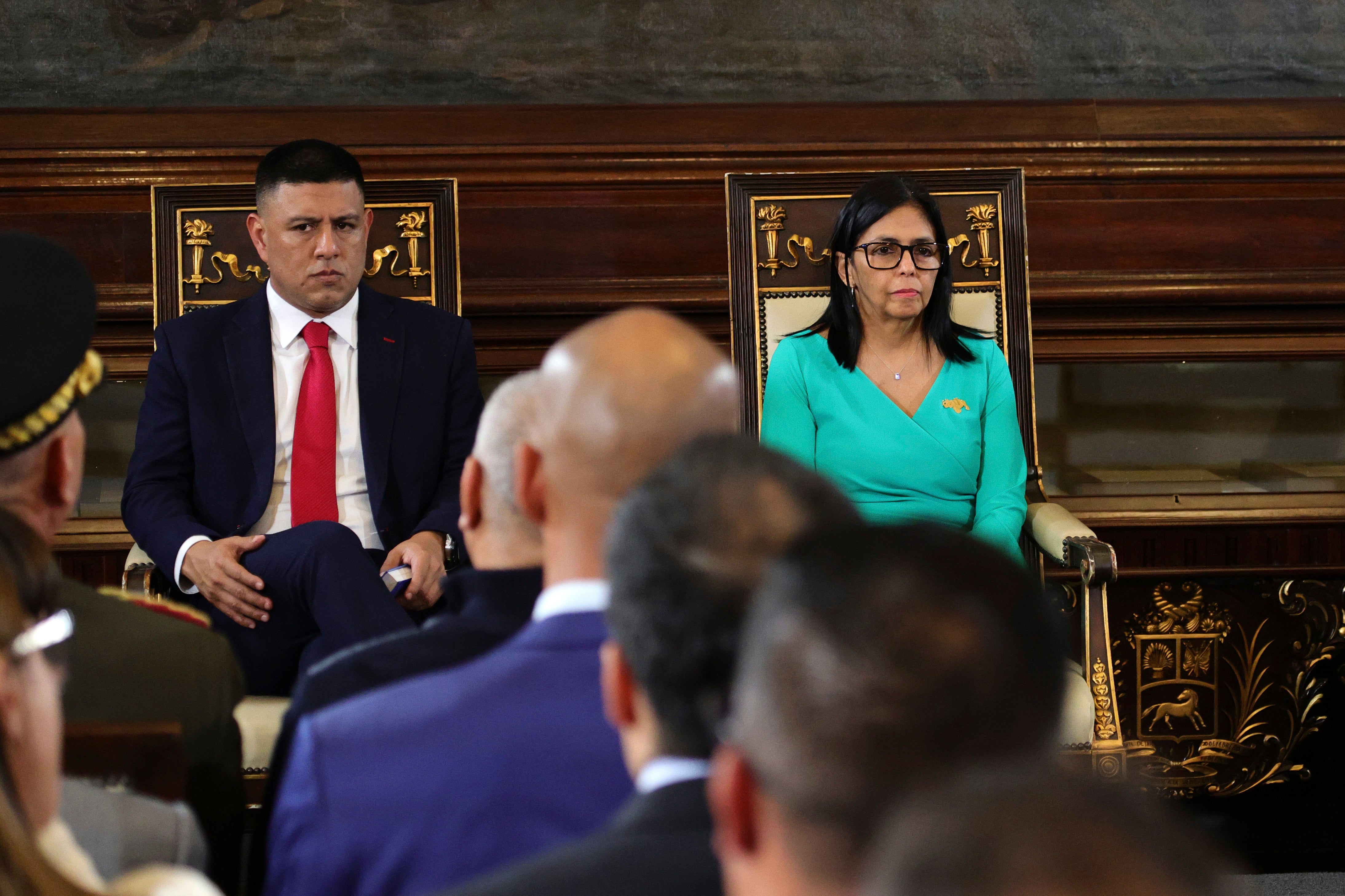Vice President of Venezuela Delcy Rodriguez looks on after being sworn in as Acting President of Venezuela