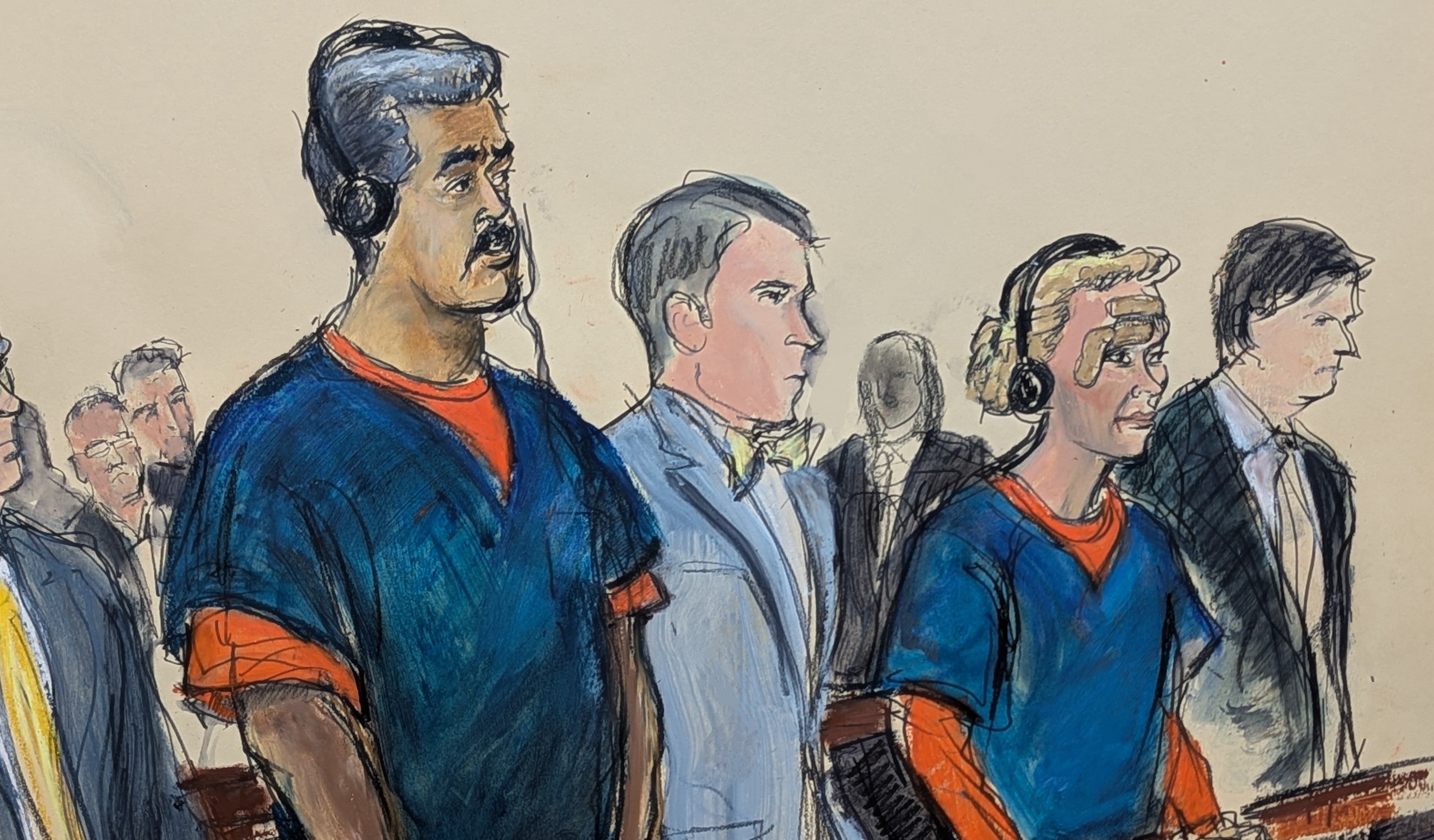 The couple, wearing blue and orange prison clothes in this court sketch, were injured during the raid
