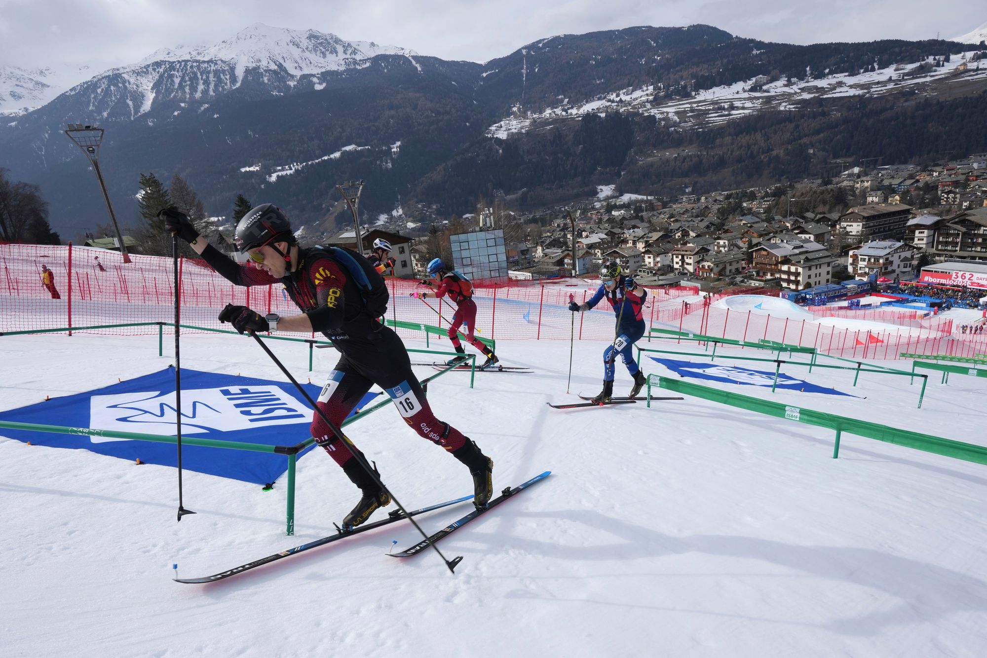 Athletes compete during the men's sprint race at the Ski Mountaineering World Cup event in Bormio, Italy, Saturday, Feb. 22, 2025