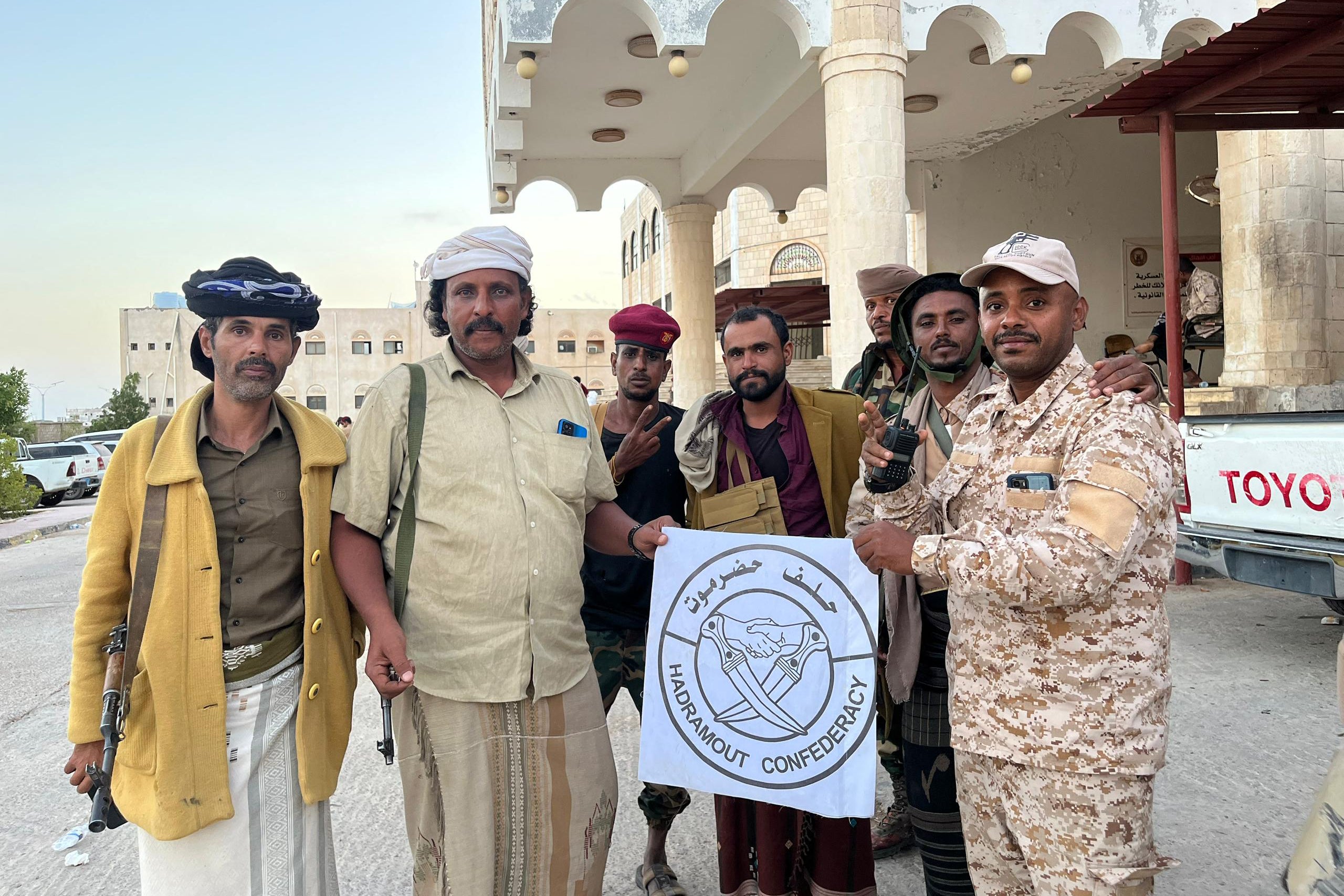 A video grab taken on 3 January 2026 shows Saudi-backed forces after they took control of the Second Military Region Command on the outskirts of Mukalla in Yemen