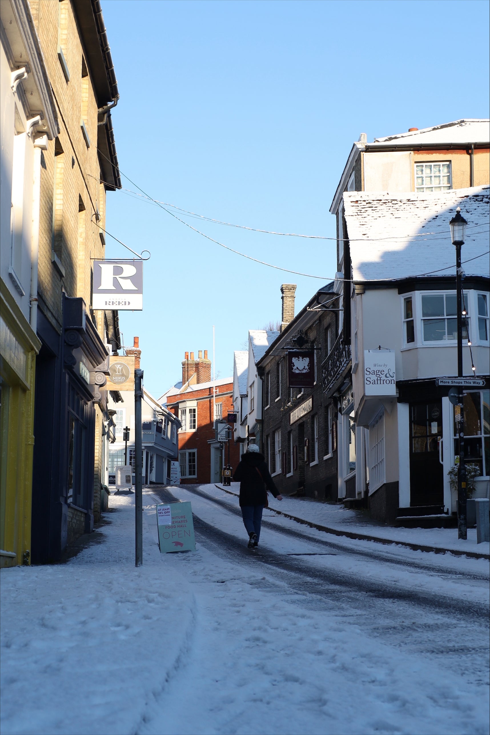 Snowy streets in Saffron Walden, Essex