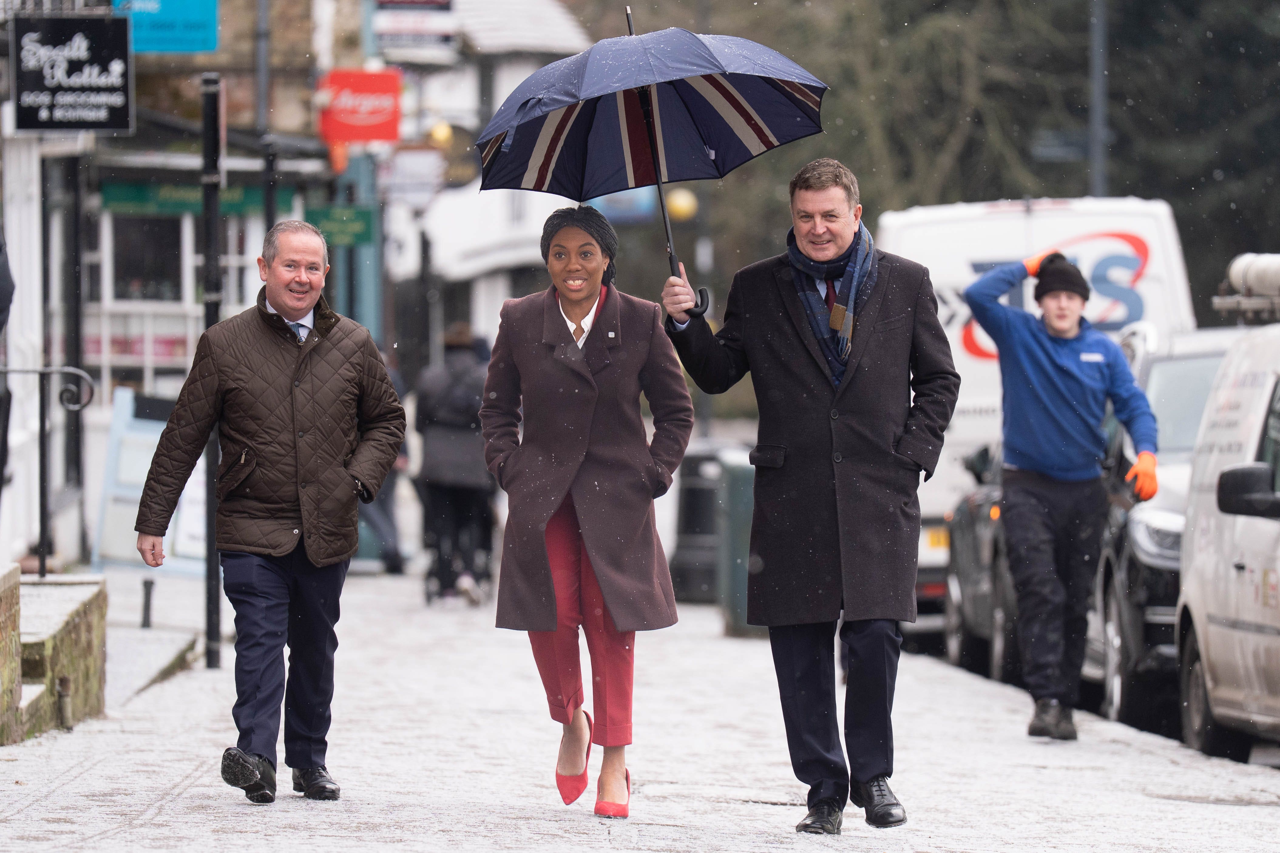 Conservative Party leader Kemi Badenoch is joined by Shadow Chancellor Mel Stride (right) and shadow housing minister David Simmonds during a visit to Pinner, north west London (Stefan Rousseau/PA)