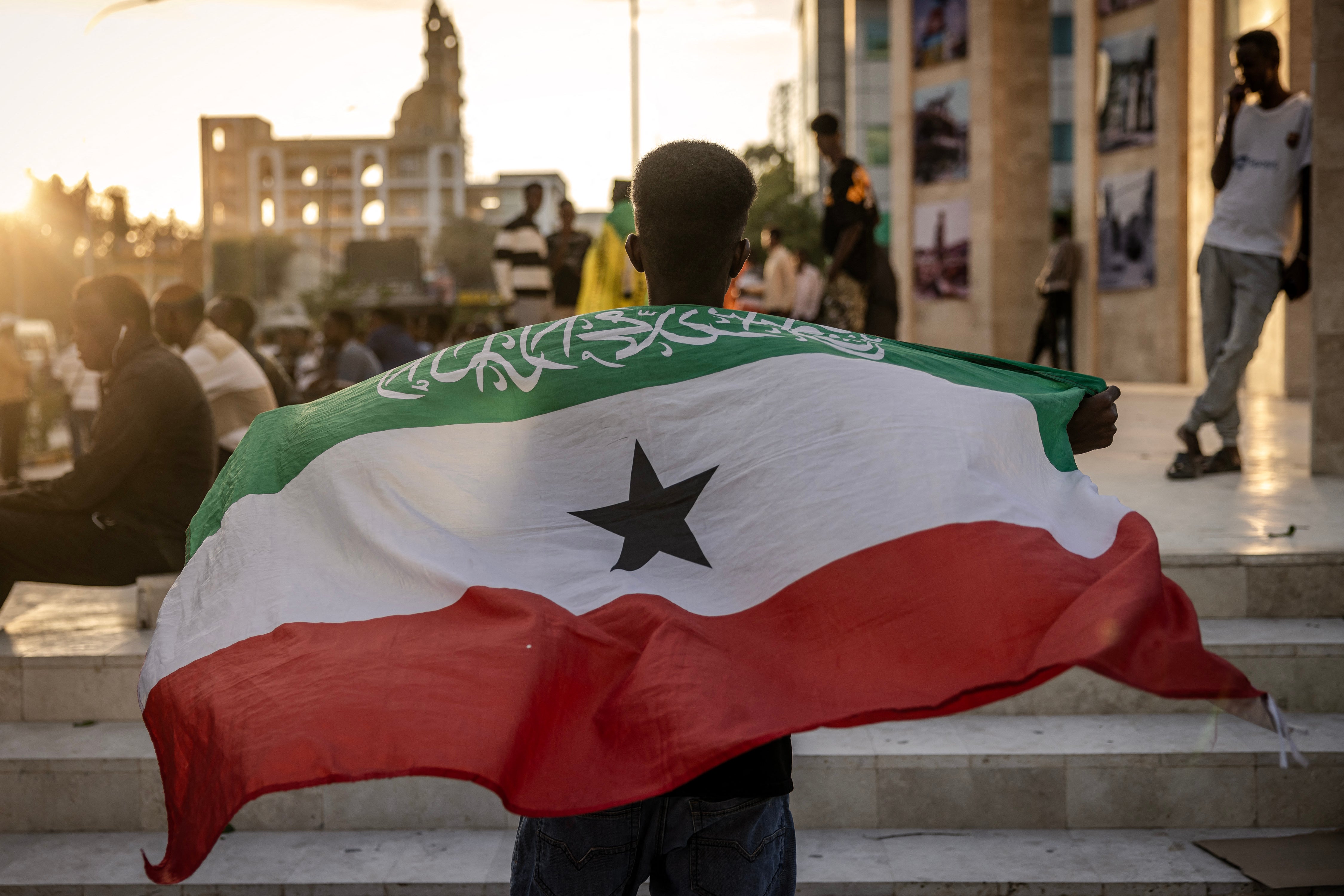<p>A man holds a flag of Somaliland</p>