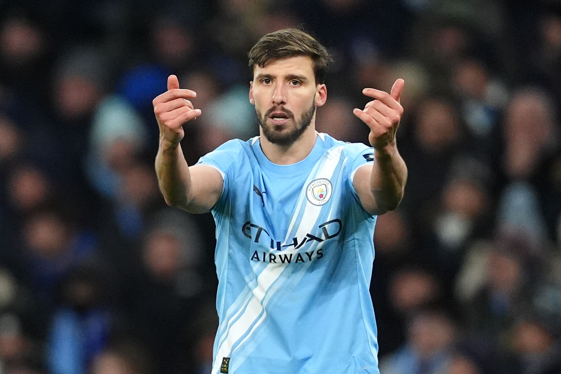 Manchester City’s Ruben Dias gestures during Sunday’s Premier League match at the Etihad Stadium (Martin Rickett/PA)