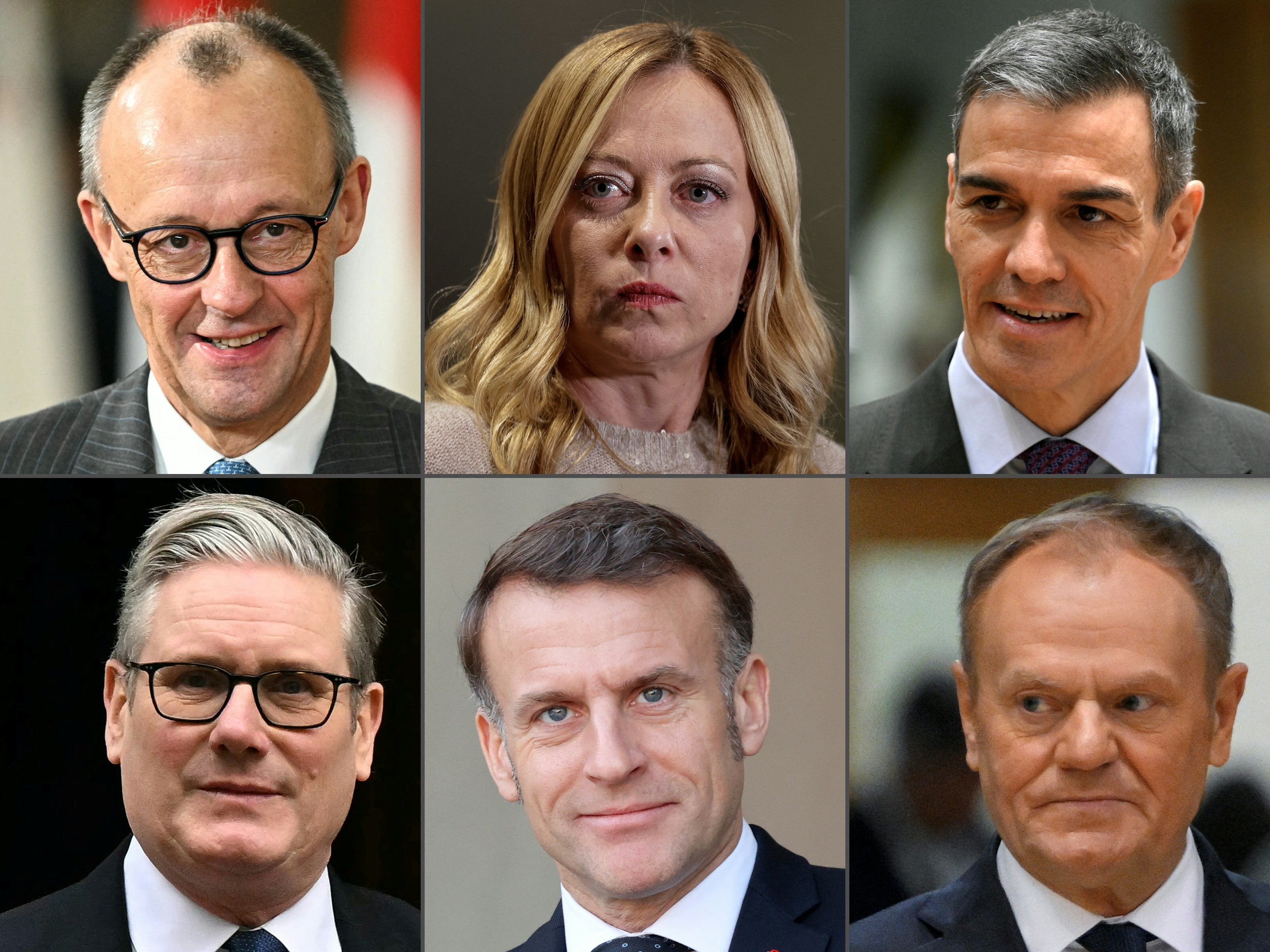 Germany's Chancellor Friedrich Merz, Italy's Prime Minister Giorgia Meloni, Spain's Prime Minister Pedro Sanchez, Poland's Prime Minister Donald Tusk, France's President Emmanuel Macron and Britain's Prime Minister Keir Starmer.