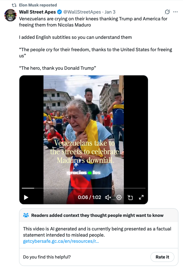 Elon Musk reposted an AI-generated video of Venezuelans crying which has since been marked false by the likes of AFP and BBC Verify