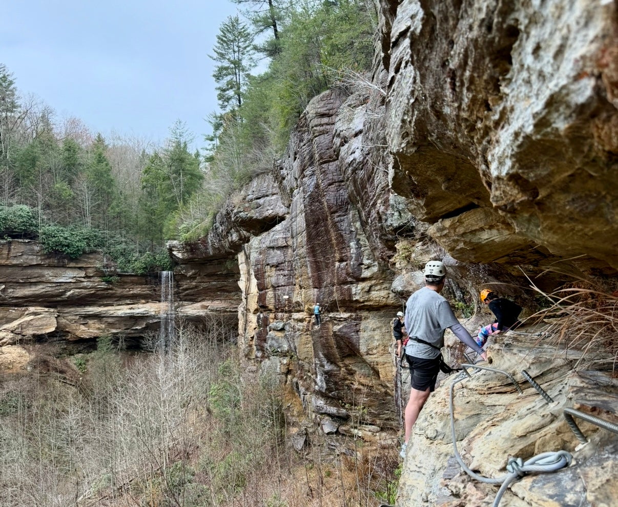 The Via Ferrata at Southeast Mountain Guides runs for nearly a mile around a sandstone canyon