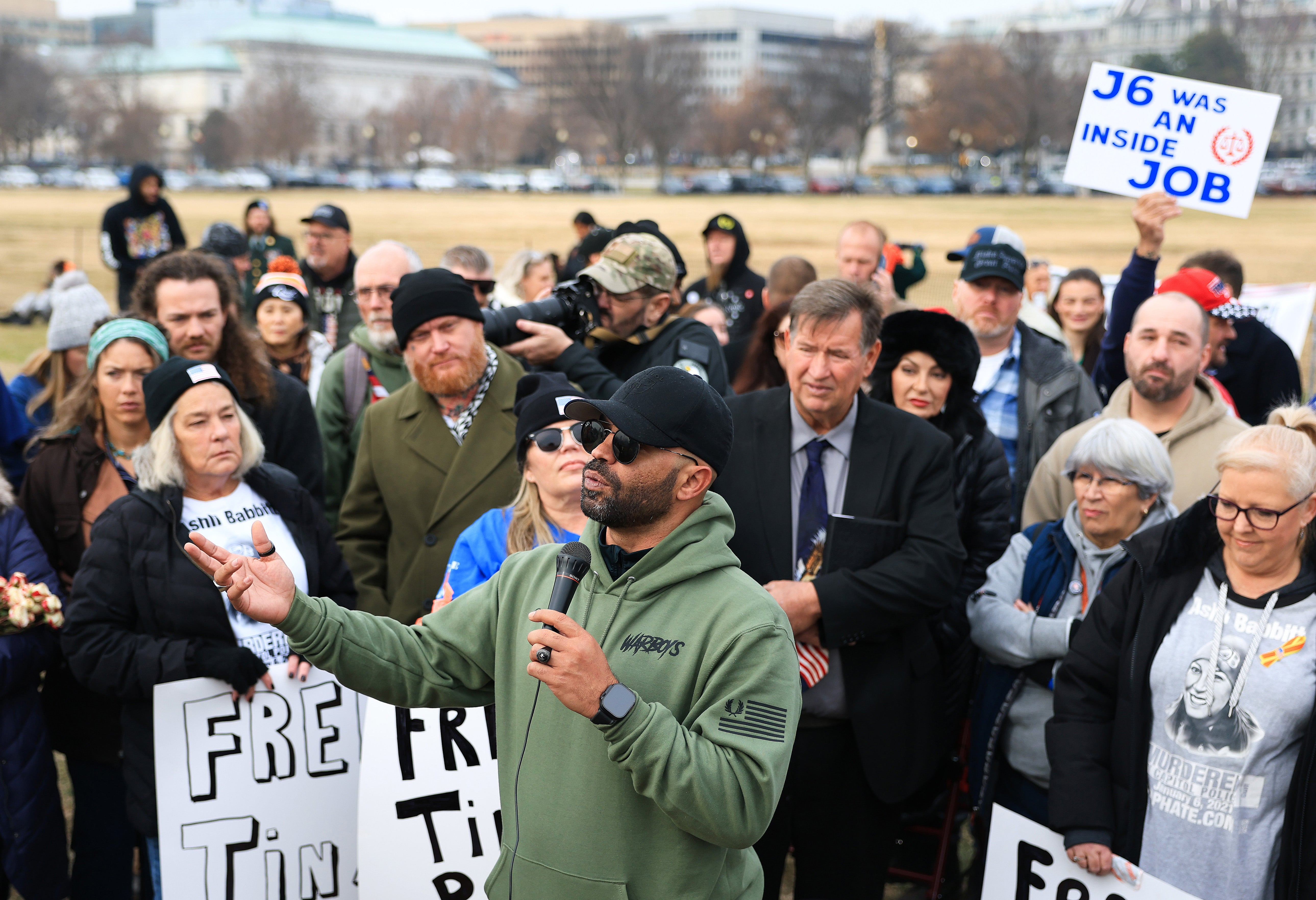 Former Proud Boys leader Enrique Tarrio speaks to demonstrators ahead of a Jan. 6 memorial march marking five years since the attack in Washington, DC