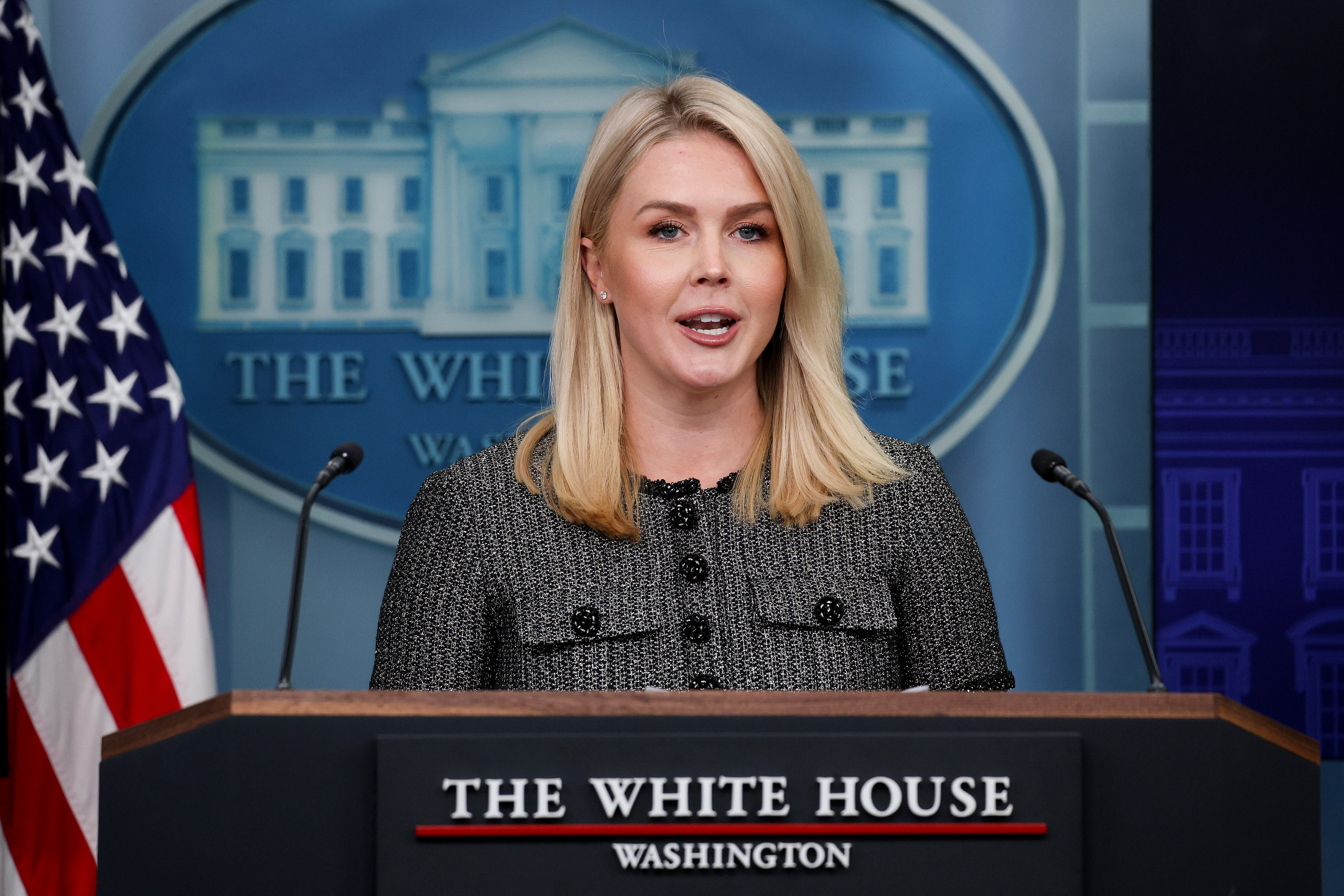 <p>White House Press Secretary Karoline Leavitt reportedly wore Tuckernuck's Black Metallic Bouclé Mini Dress in April </p>