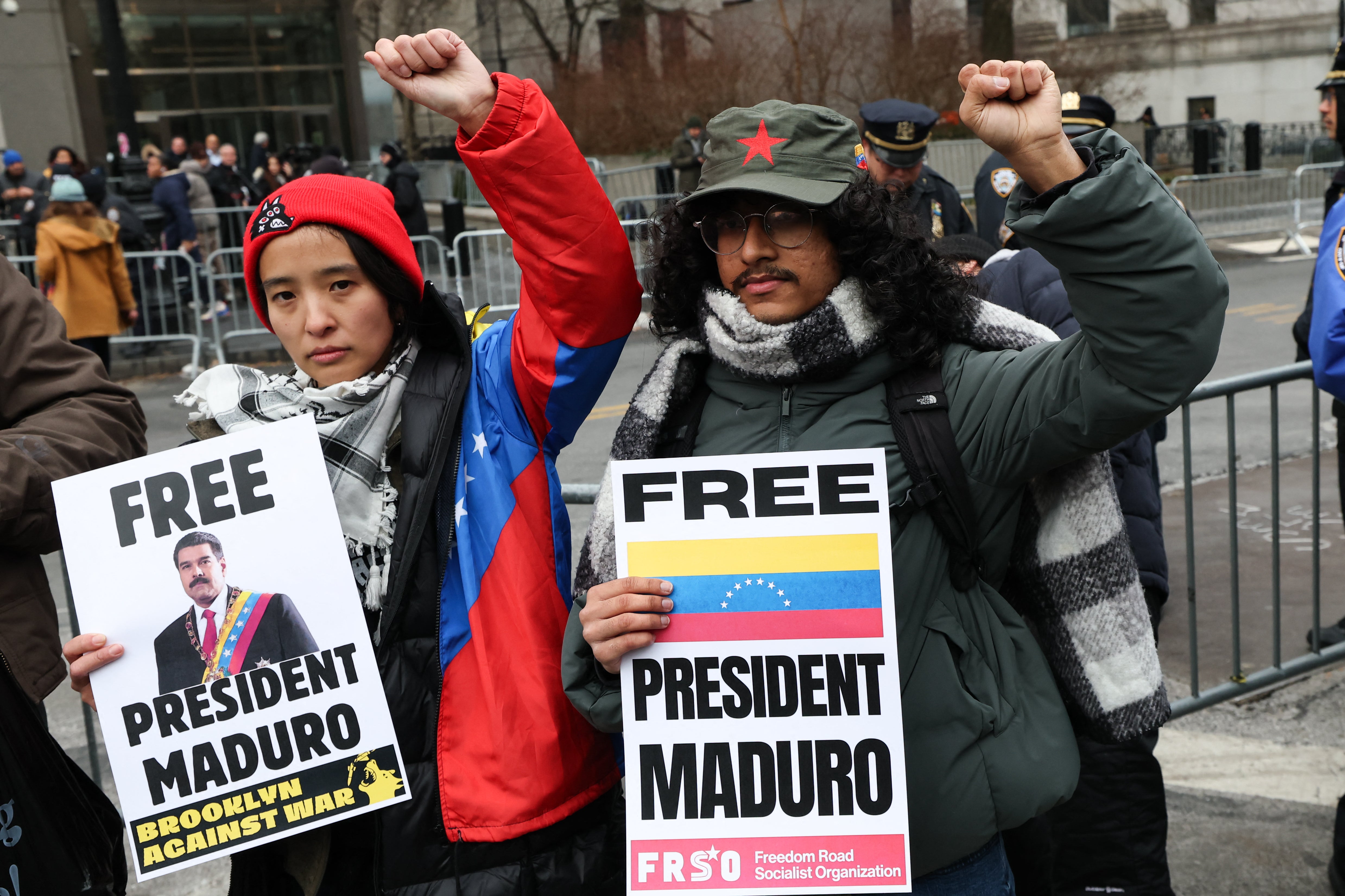 Protesters outside of the New York federal courthouse, where Maduro and Flores pleaded not guilty Monday called on the U.S. to free the deposed Venezuelan leader
