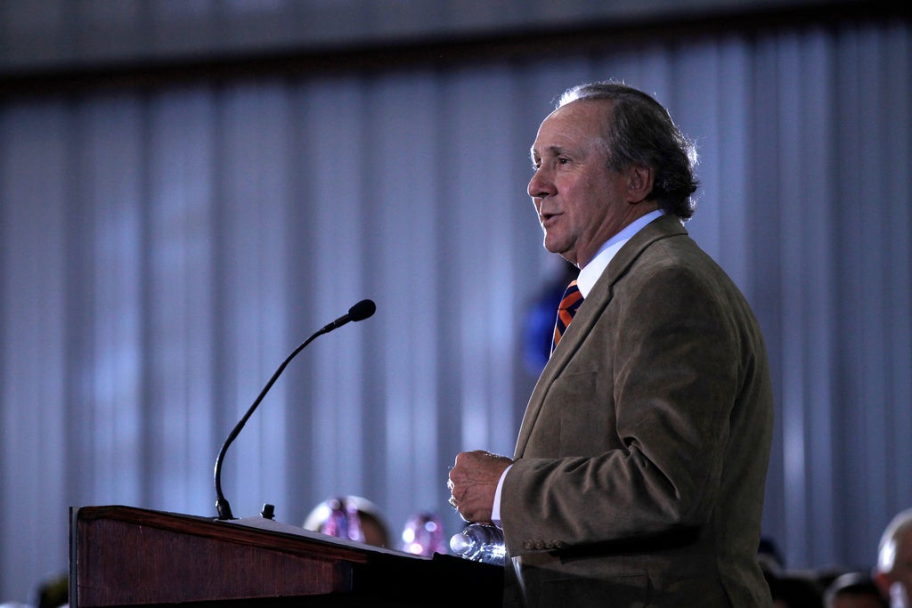 <p>Michael Reagan, the son of former President Ronald Reagan, introduces Republican presidential candidate, former House Speaker Newt Gingrich during a campaign stop in 2012</p>