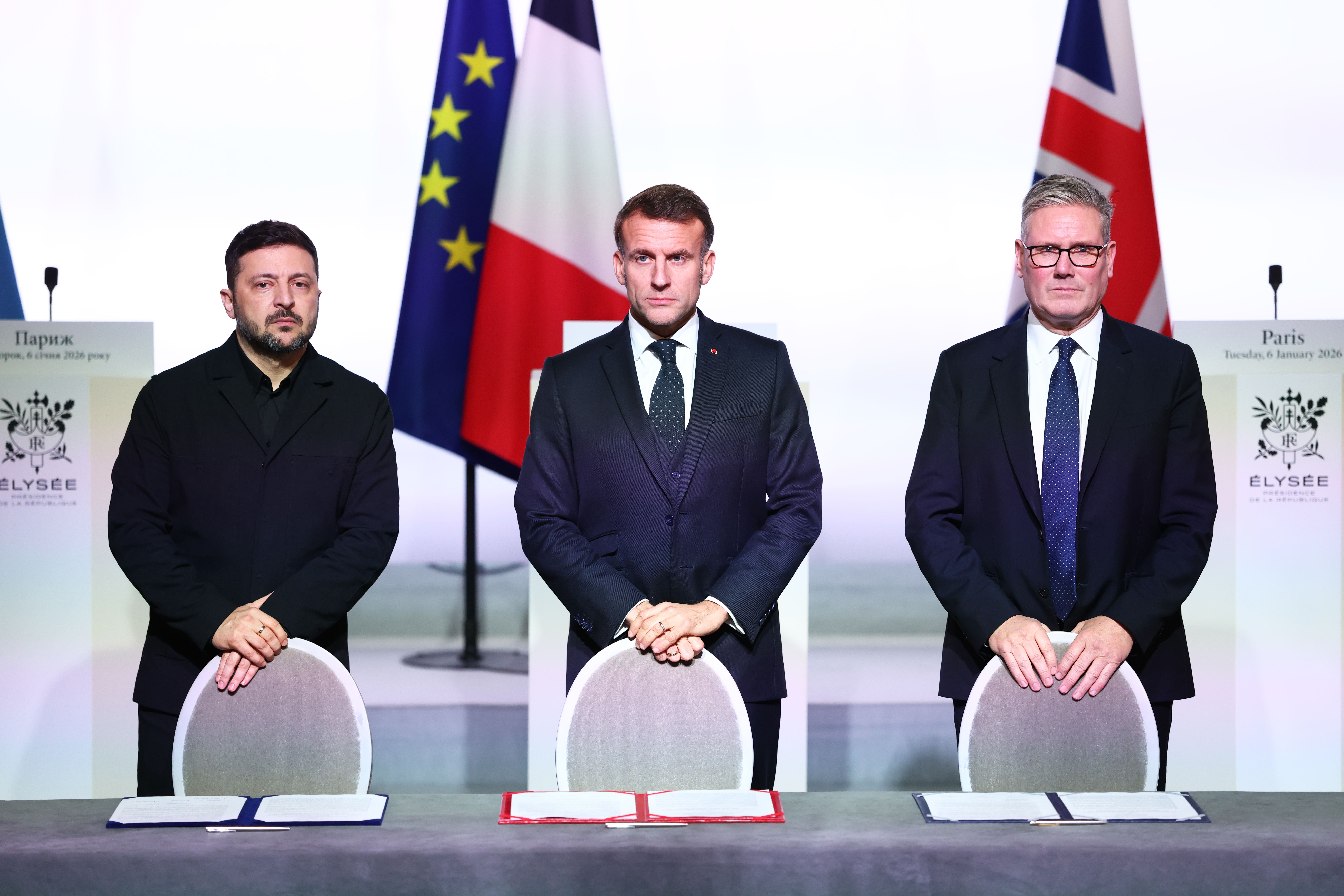 Volodymyr Zelensky, Emmanuel Macron and Sir Keir Starmer during a press conference (Tom Nicholson/PA)