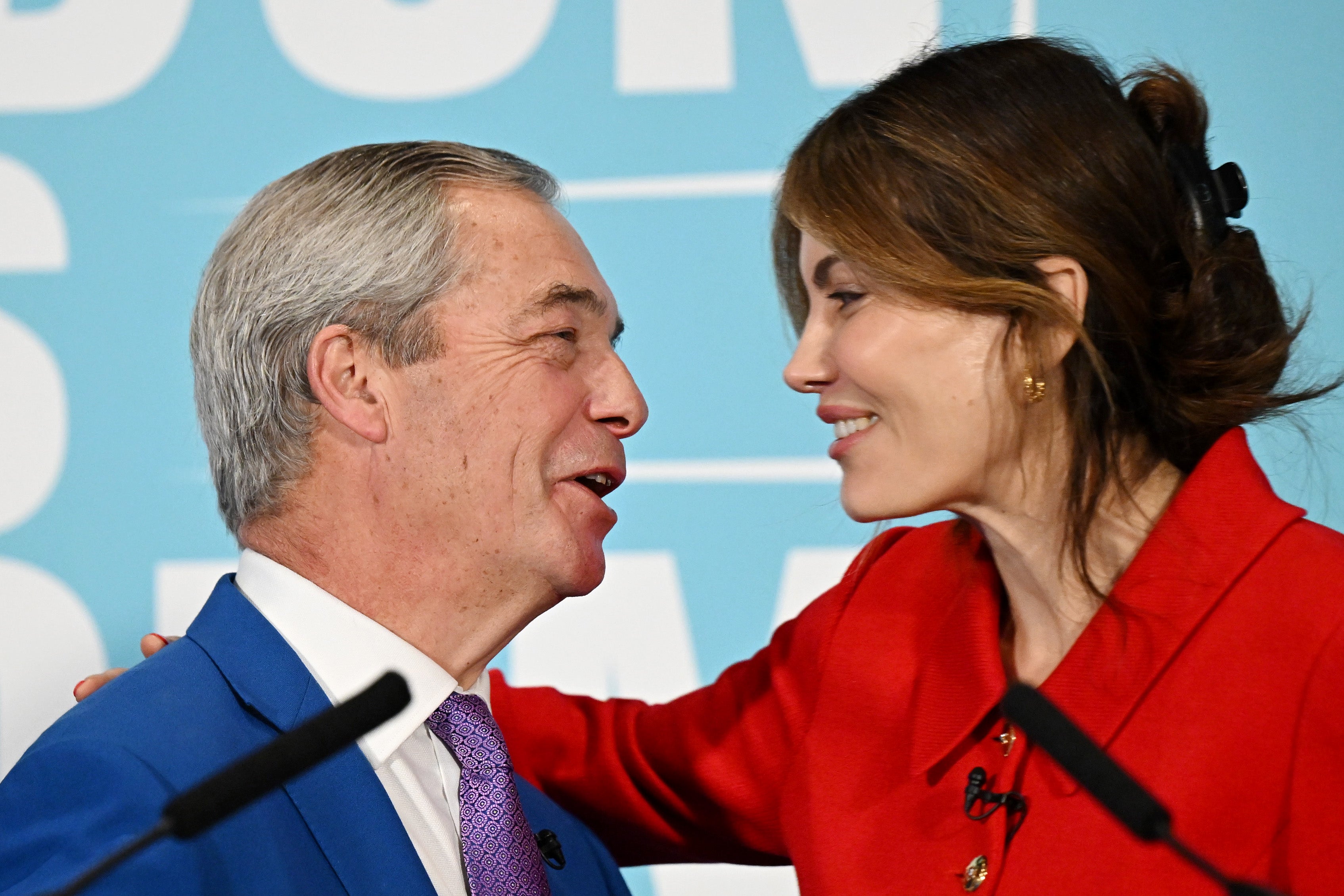 <p>Nigel Farage with Reform’s candidate for the 2028 London mayoral race, Laila Cunningham</p>