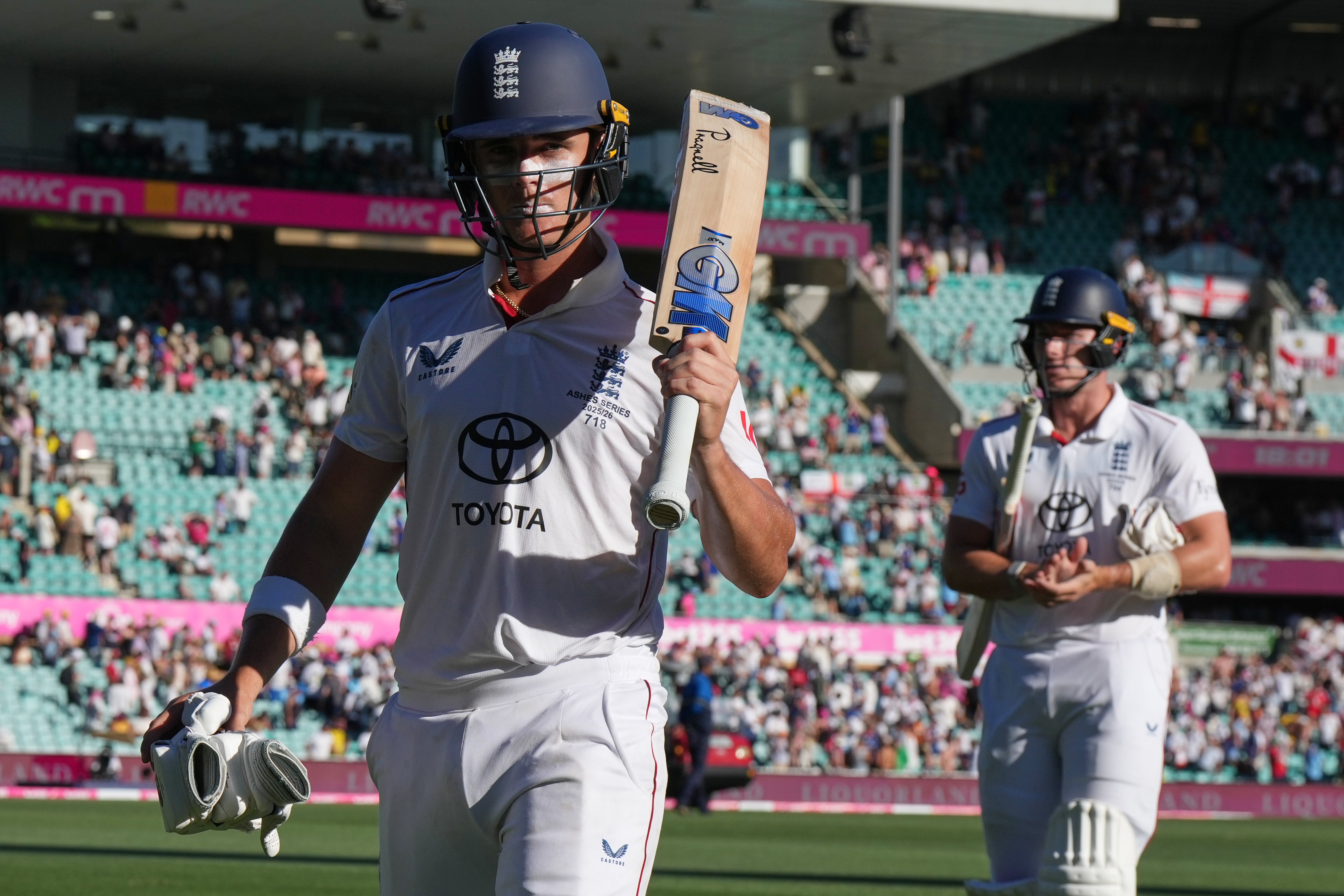 Jacob Bethell headed off the SCG pitch after a sterling day’s work – ending on 142 not out