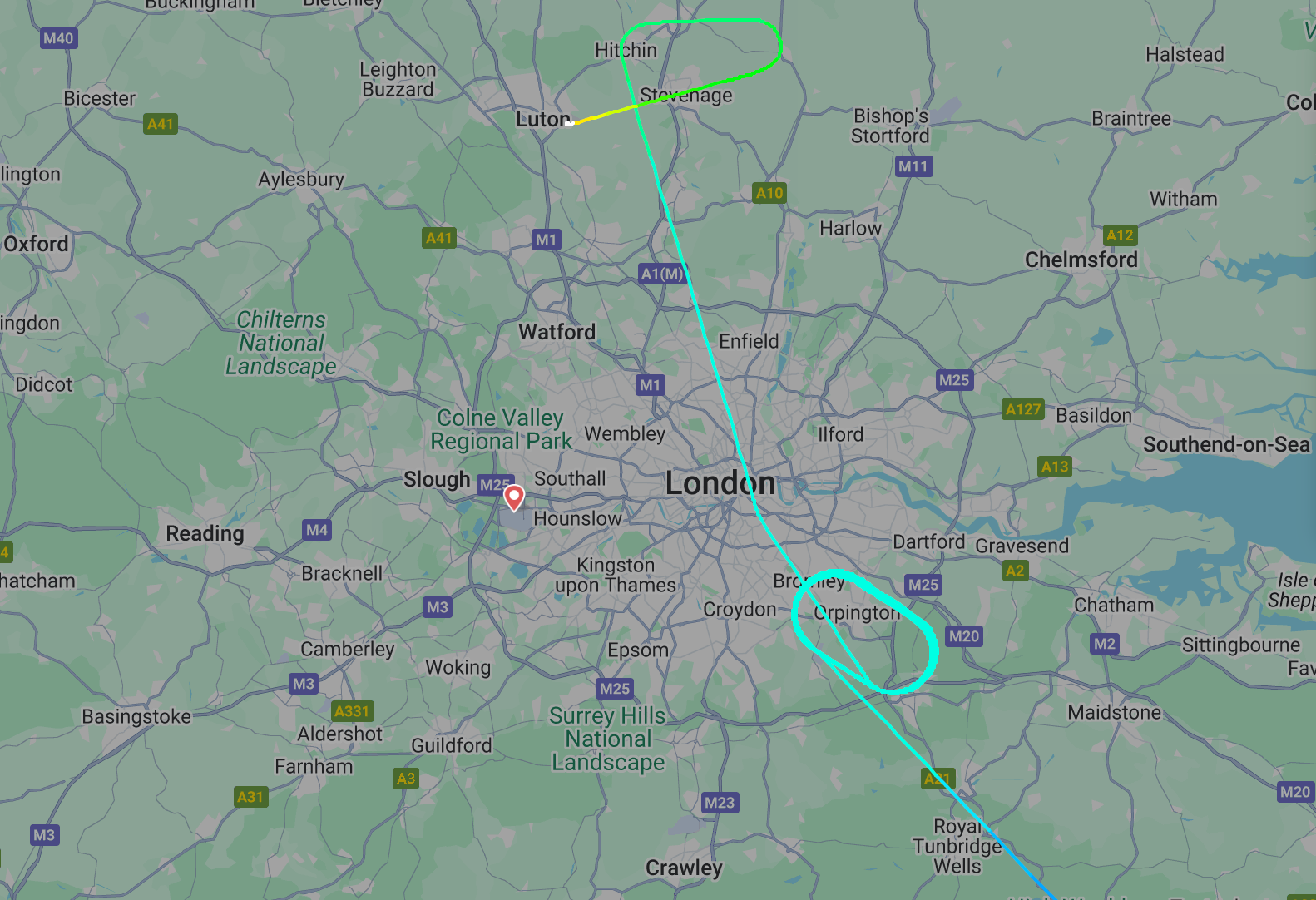 Circle game: Path of Iberia IB569, which diverted from Paris twice – first to London Heathrow, then to Luton airport