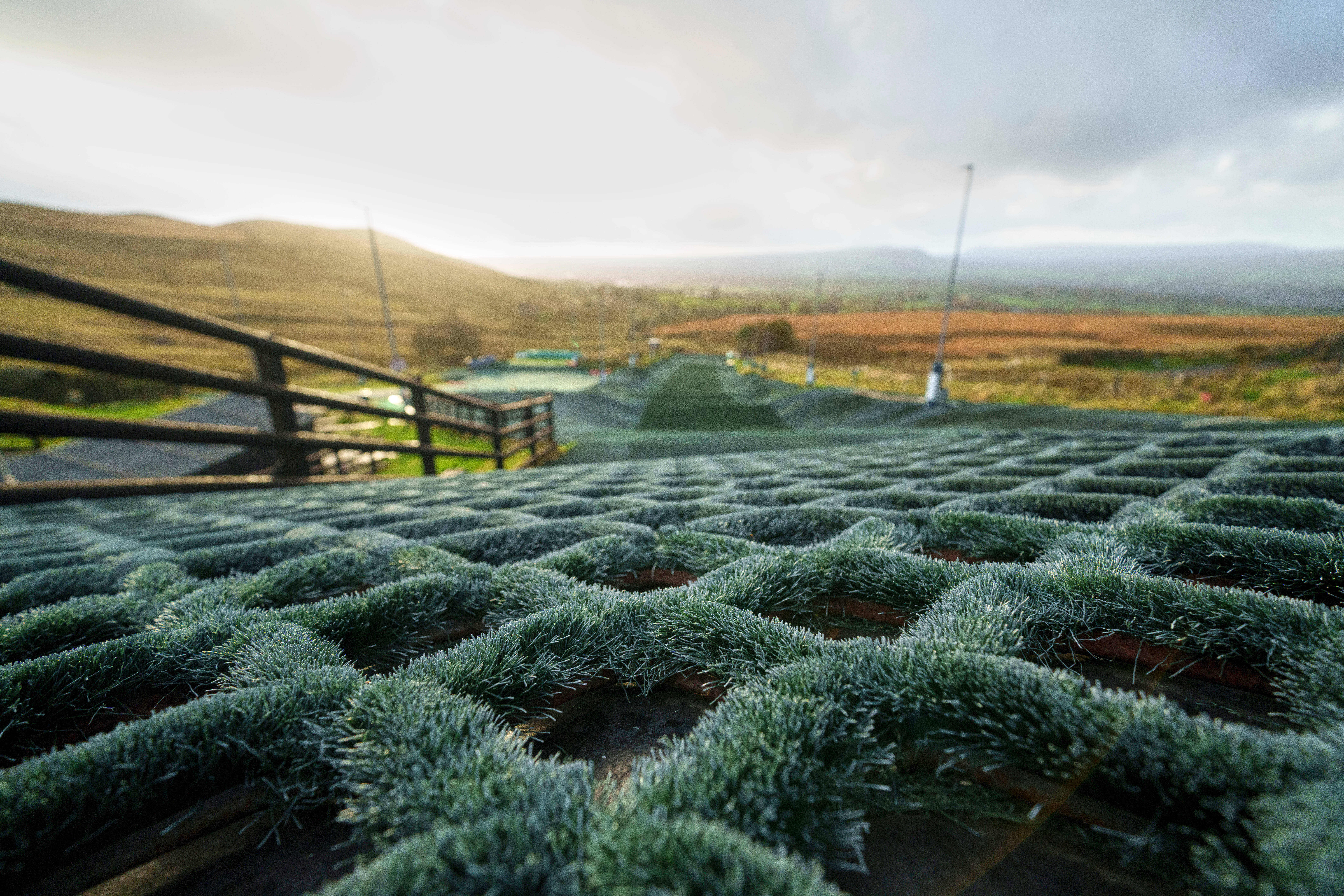 A close-up of the surface of the track of the Pendle Ski Club racing track before an inter-club ski meeting at the dry ski slope