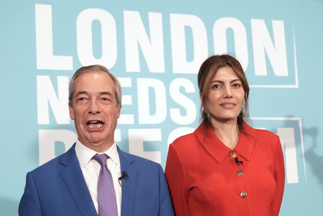 <p>Nigel Farage and stand in front of a banner reading ‘London needs Reform’</p>