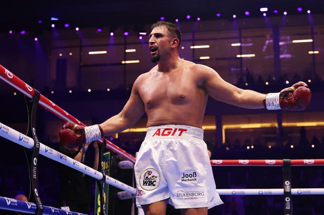 <p>Agit Kabayel celebrates his victory over Zhilei Zhang in 2025</p>