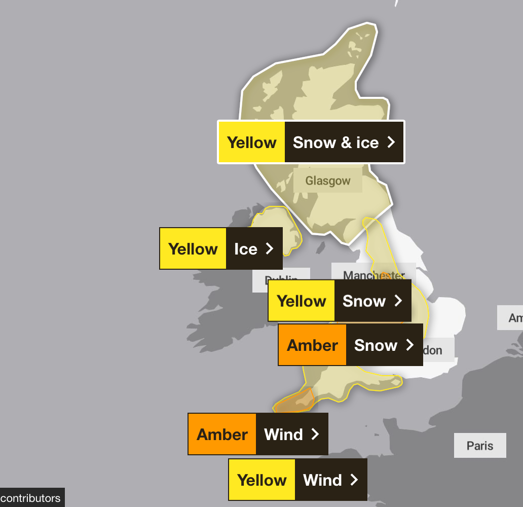 Snow and ice warnings cover much of the UK on Thursday