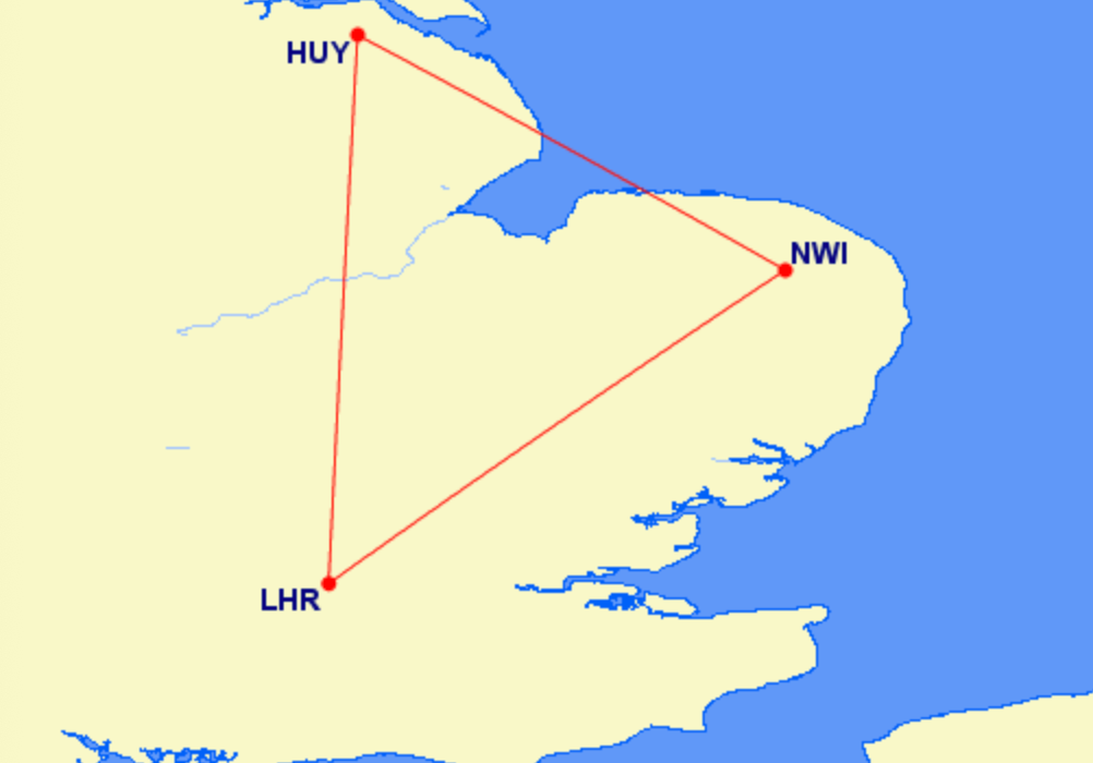 Eastern triangle: Flight route from London Heathrow (LHR) to Norwich (NWI) to Humberside (HUY)
