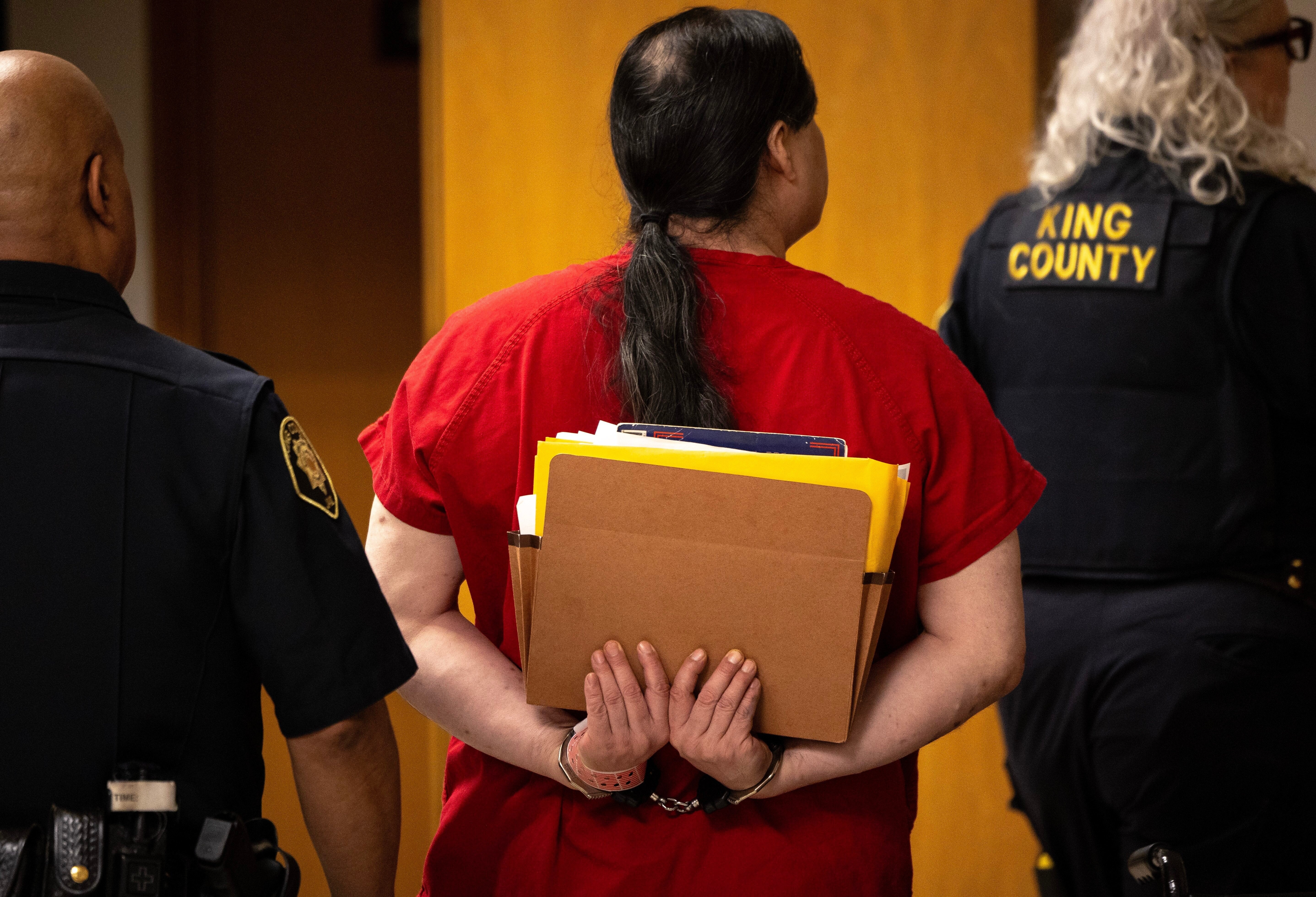 Convicted rapist Redwolf Pope is escorted out of a courtroom for recess during a sentencing hearing in King County Superior Court Wednesday, Jan. 7, 2026, in Seattle. (Nick Wagner/The Seattle Times via AP)