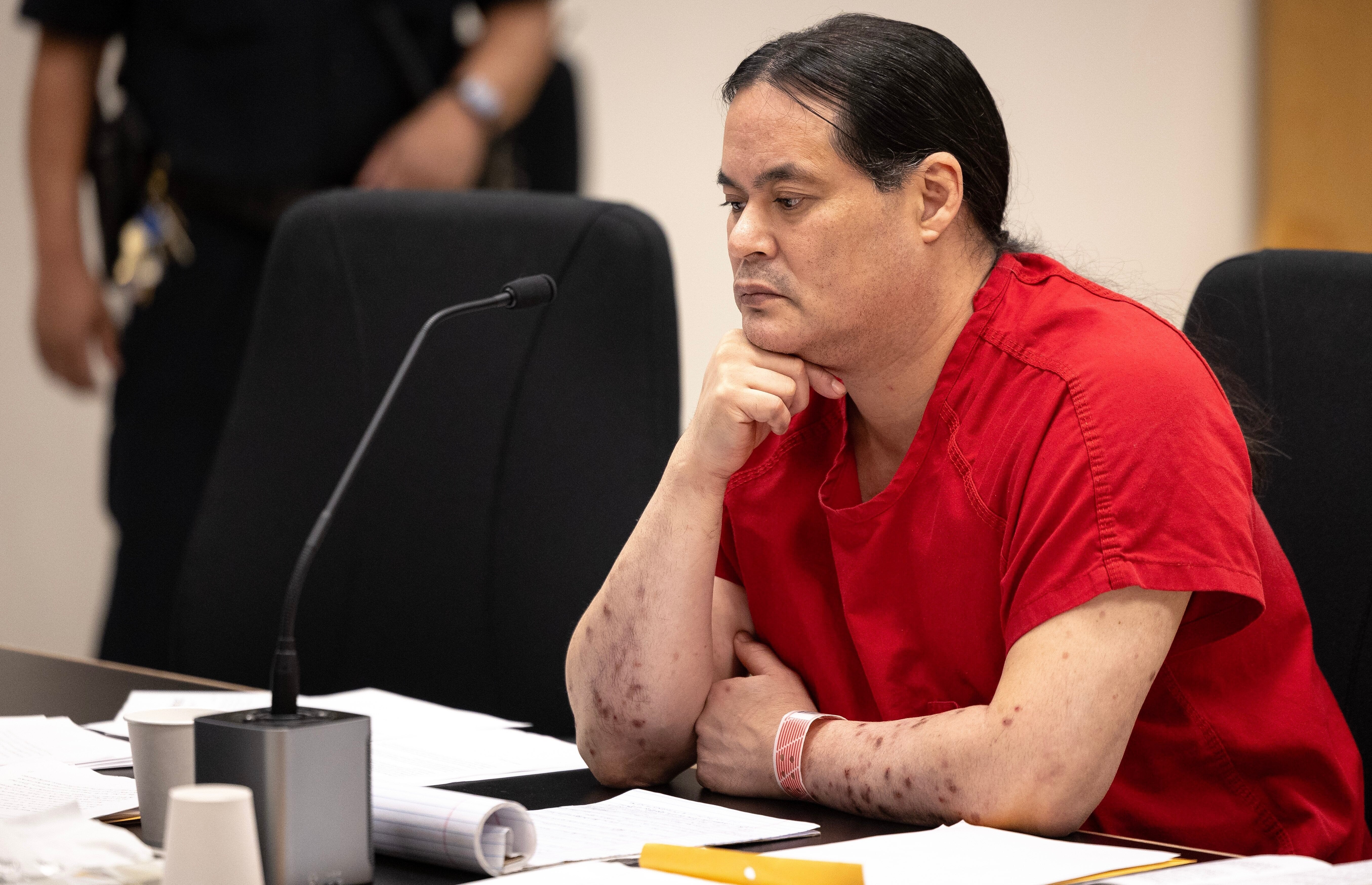 Convicted rapist Redwolf Pope, representing himself, listens to Judge Tanya L. Thorp during a sentencing hearing in King County Superior Court Wednesday, Jan. 7, 2026, in Seattle. (Nick Wagner/The Seattle Times via AP)