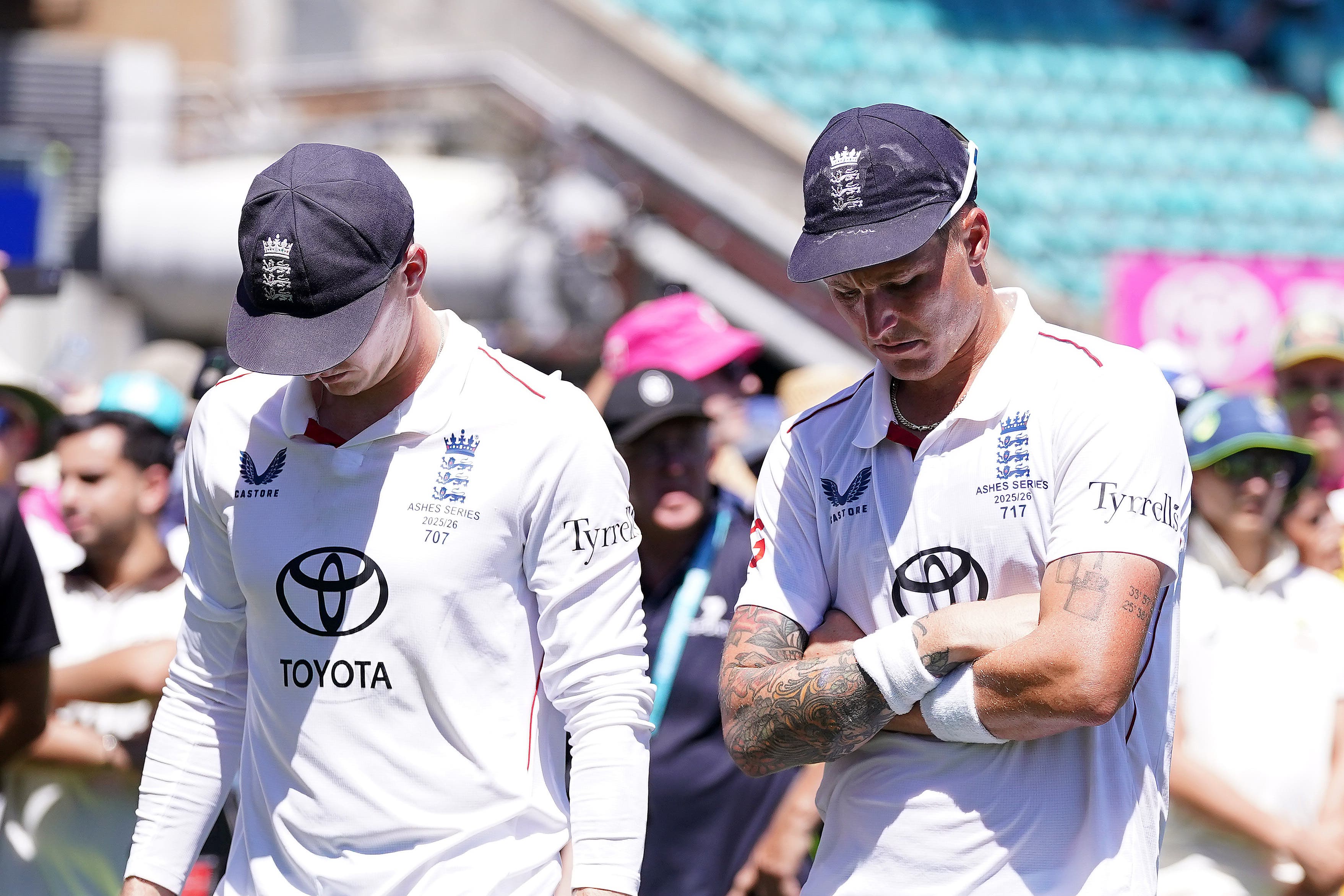 England’s Harry Brook (left) and Brydon Carse look dejected after defeat in the fifth Test (Robbie Stephenson/PA)