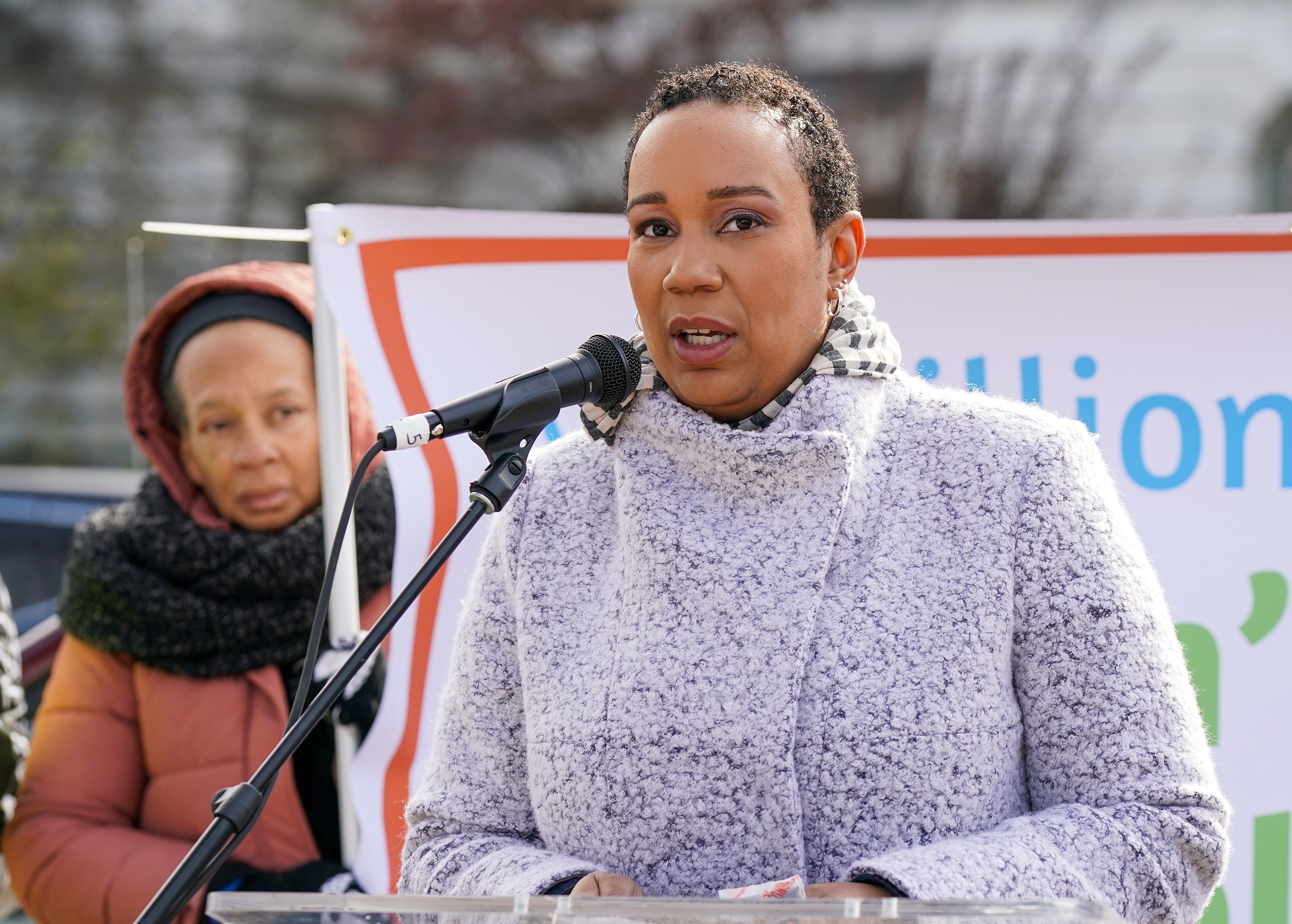 Chef Elle Simone Scott speaking at a press conference in n Washington, DC organized to deliver 1.5 million petitions to the USDA to Save School Lunches in November 2019