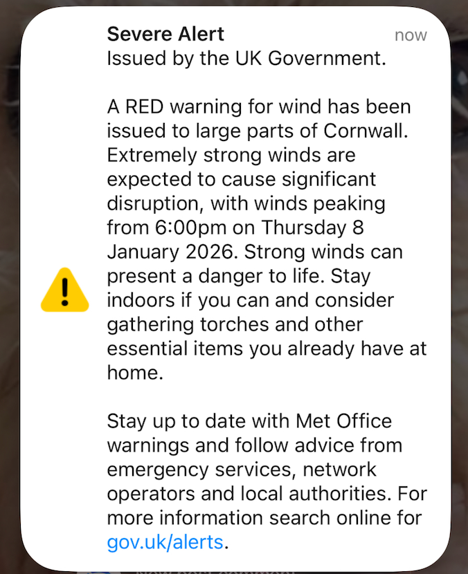 The emergency alert sent to people in Cornwall as the storm hits