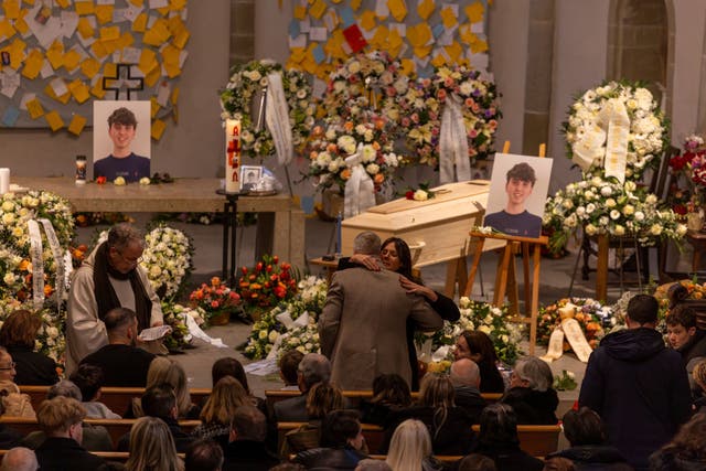 <p>A funeral for Arthur Brodard, a victim of the Swiss ski resort fire, was held in Lutry in southwestern Switzerland</p>