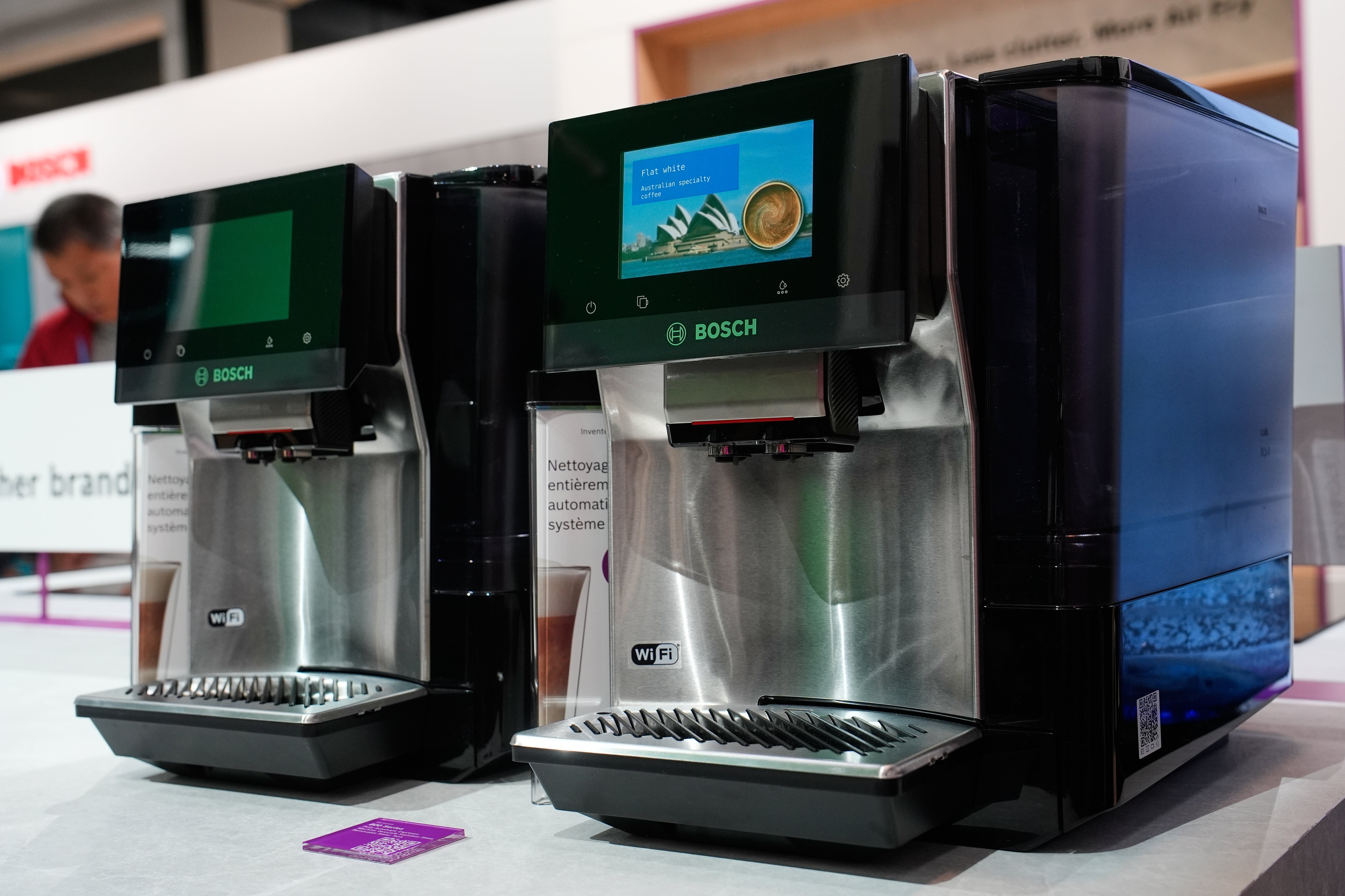 A couple of Bosch 800 Series fully automatic espresso machines are seen on display at the Bosch booth during the CES tech show Wednesday, Jan. 7, 2026, in Las Vegas