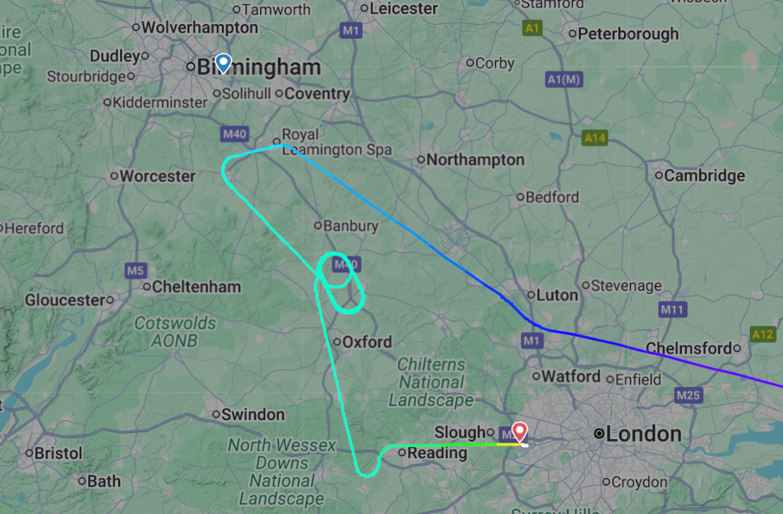 Circle game: Flightpath of Air India flight from Amritsar to Birmingham, which diverted to Heathrow airport yesterday