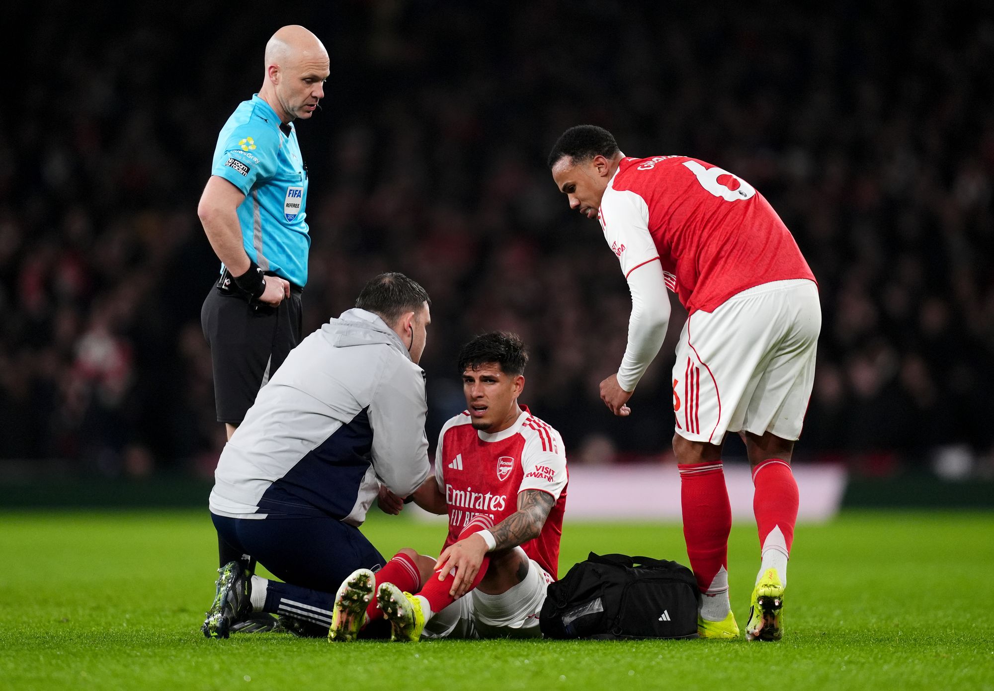 Piero Hincapie receives treatment from Arsenal's club doctors