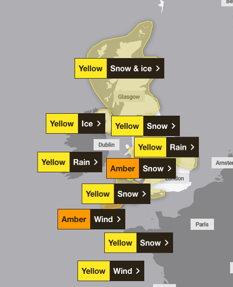Nine weather warnings cover the United Kingdom