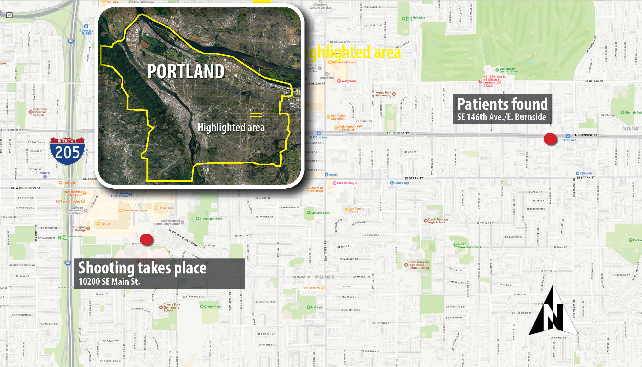 The incident occurred across two scenes, according to Portland police: the site of the shooting at a medical clinic at 10200 SE Main Street, and about three miles away at SE 146th Ave and East Burnside, where the wounded were found