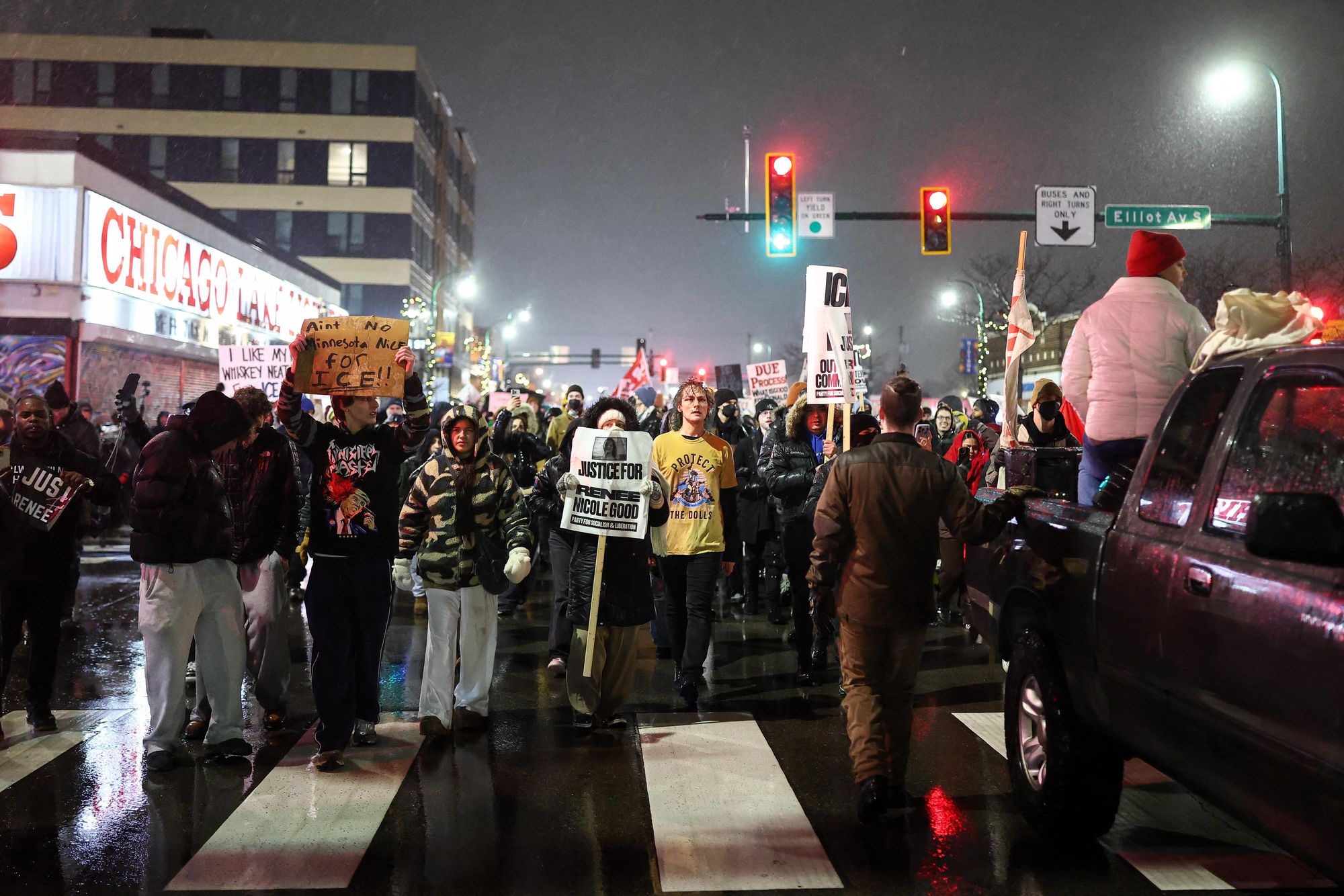 <p>Demonstrators gathered in Minneapolis to protest after an ICE agent killed 37-year-old Renee Nicole Good</p>