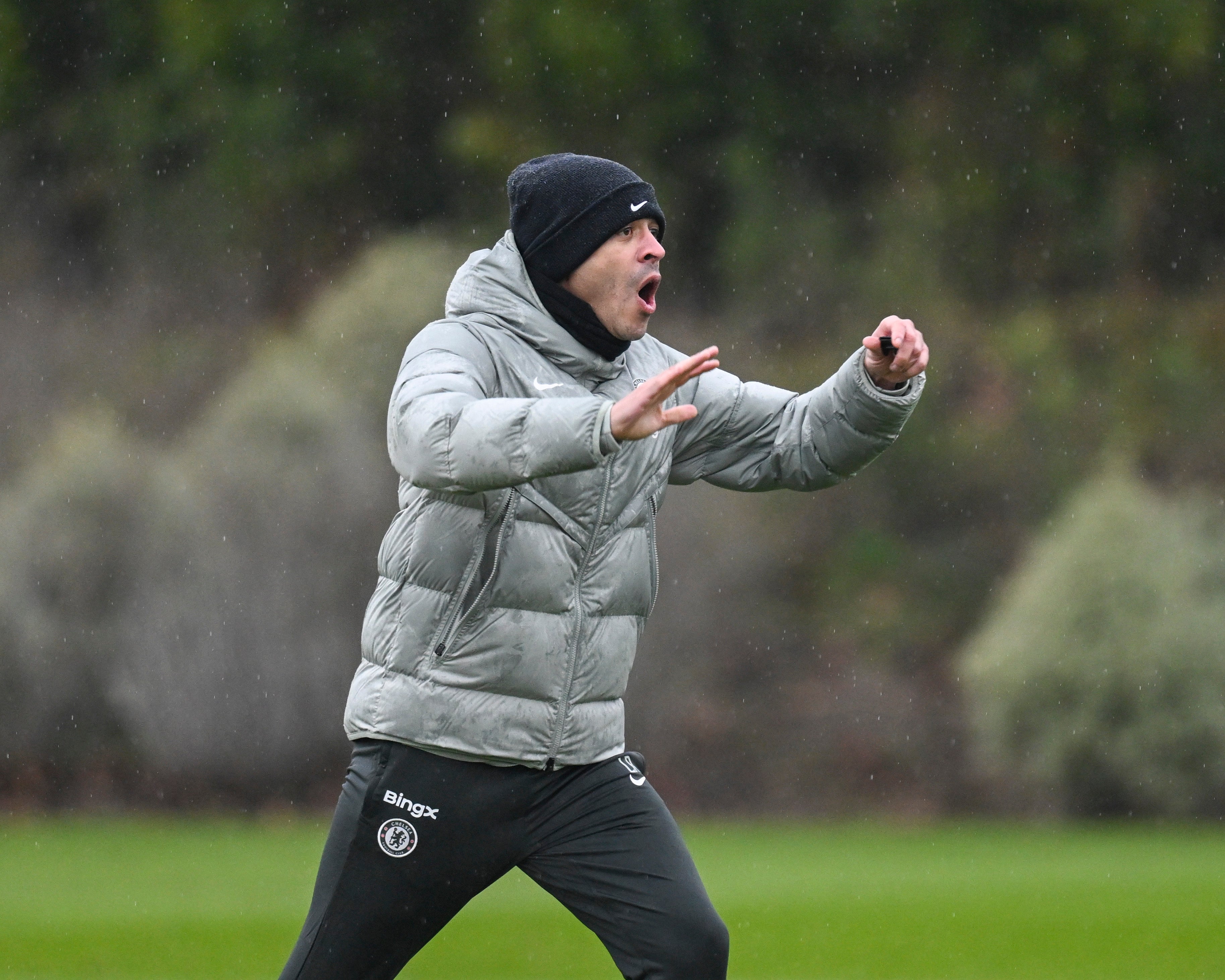 Liam Rosenior directs Chelsea training at Cobham