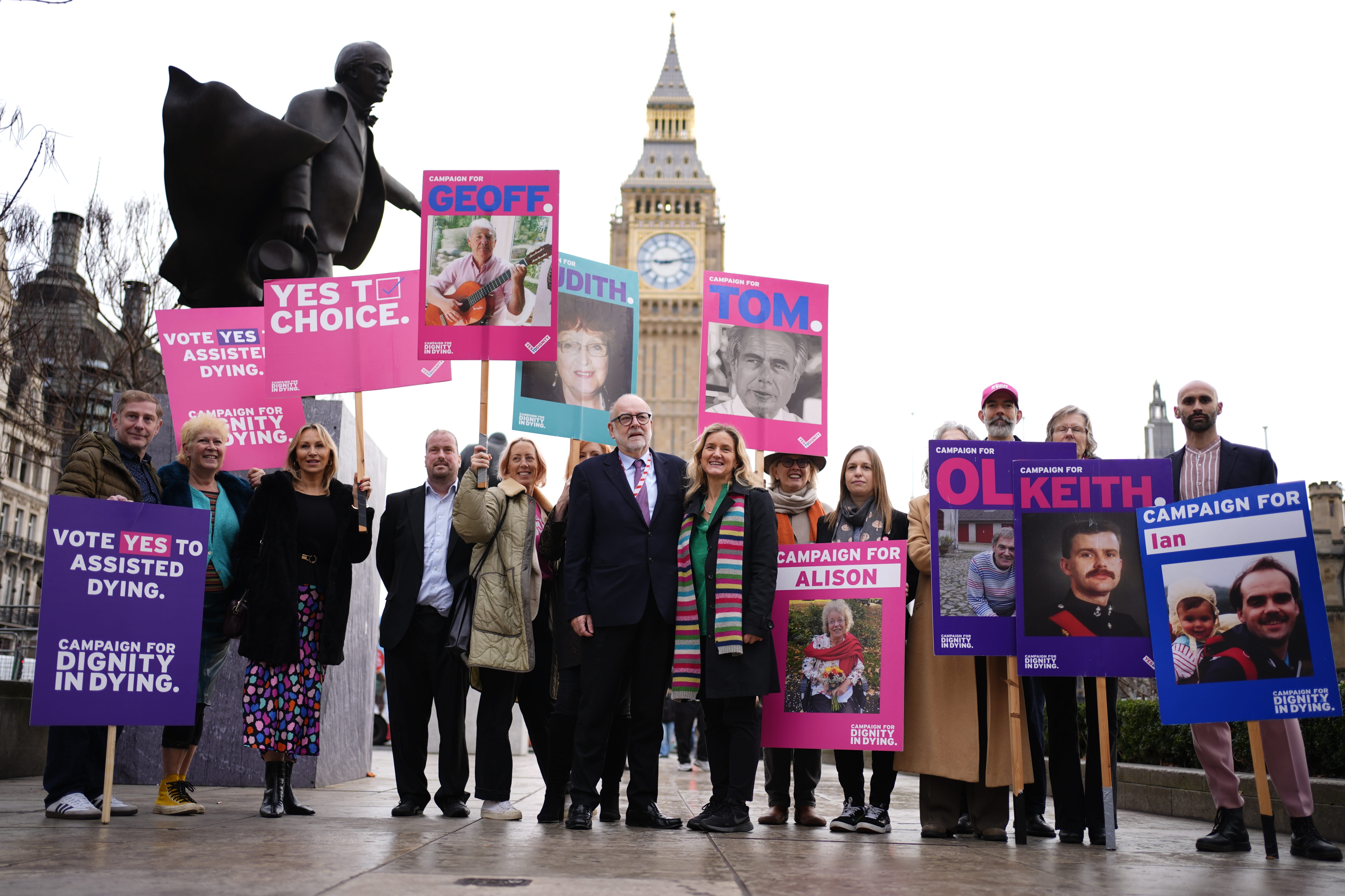 Bill sponsors Lord Falconer of Thoroton and Labour MP Kim Leadbeater join campaigners in Parliament Square (Jordan Pettitt/PA)