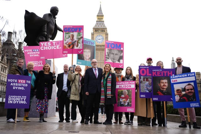 Bill sponsors Lord Falconer of Thoroton and Labour MP Kim Leadbeater join campaigners in Parliament Square (Jordan Pettitt/PA)